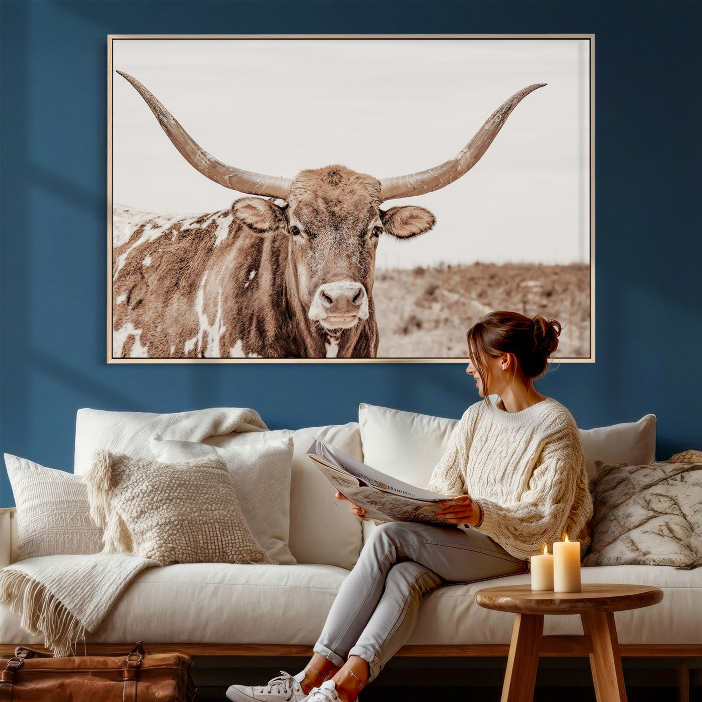 39964150-MGV-CV-36X24 - Longhorn Cow Wall Art Canvas Print, Texas Ranch Print, Framed Western Bull Art Print, Large BigHorn Cowboy Printing Perfect for County Decor