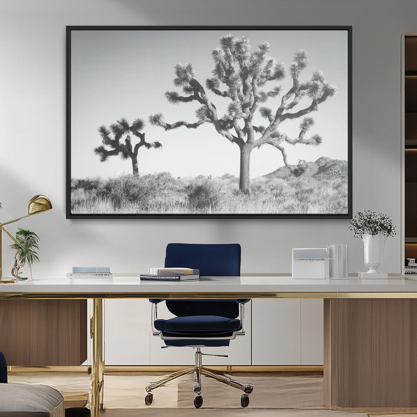 MGV-FC-36X24 - Joshua Tree Wall Art Canvas Print, Framed Black White Landscape Art Picture Print, Desert Tree Decor Perfect Southwestern Decor Artwork