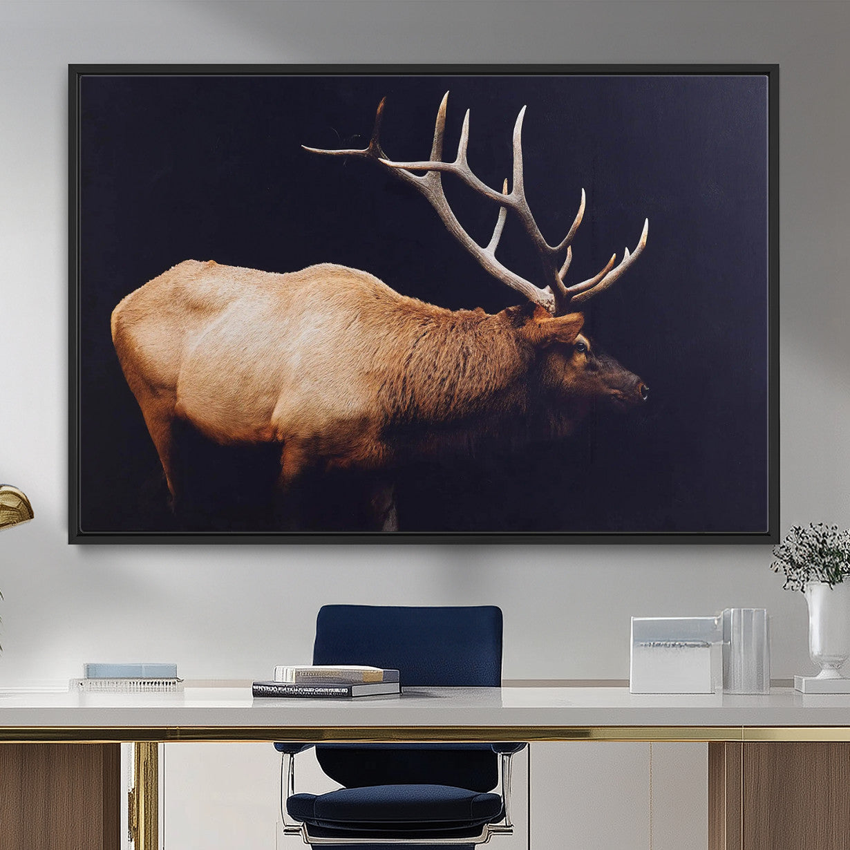 89239257-MGV-FC-36X24 - Rustic Elk Wall Art Canvas Print – Framed Moody Wildlife Art Picture Western Animal Artwork for Home, Office