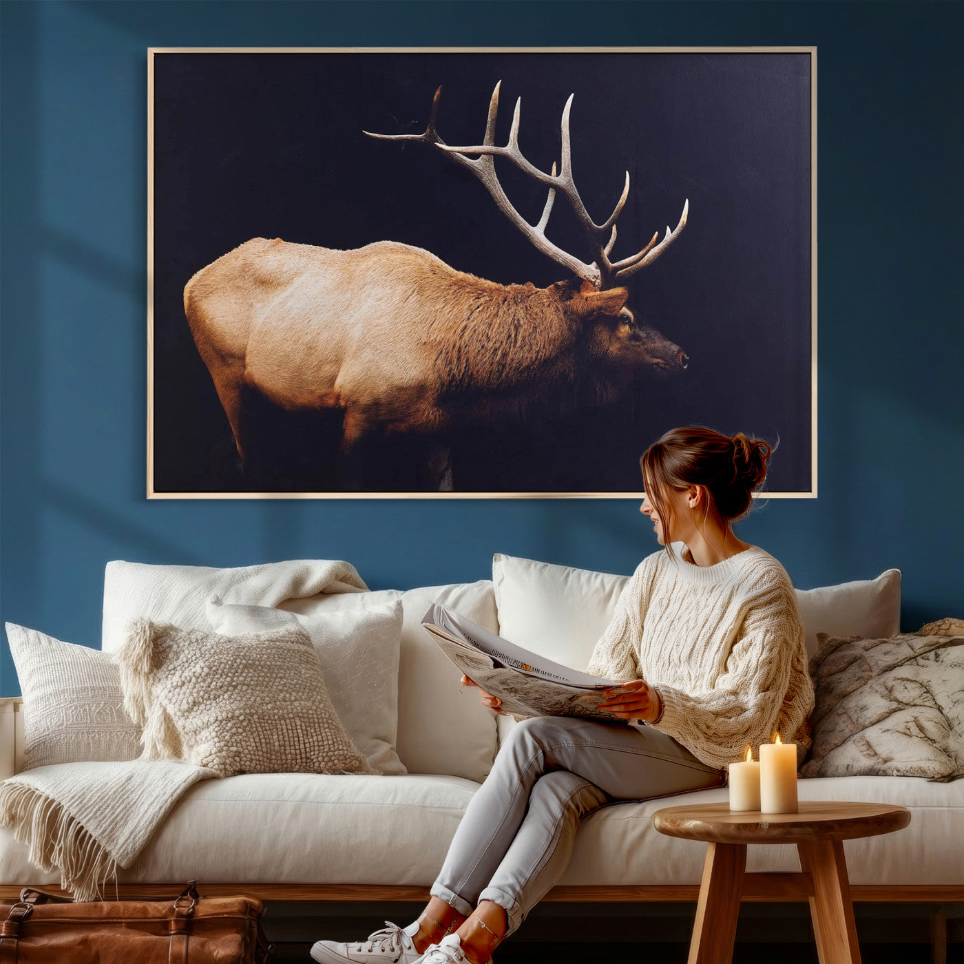 89239257-MGV-CV-36X24 - Rustic Elk Wall Art Canvas Print – Framed Moody Wildlife Art Picture Western Animal Artwork for Home, Office Decor