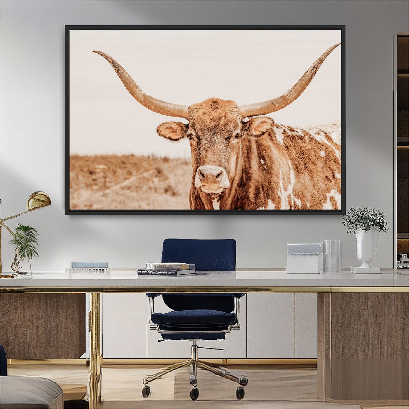 MGV-FC-36X24 - Longhorn Bull Wall Art Canvas Print, Framed Western Cow Art Picture Print, Rustic Farmhouse Perfect Neutral Farmhouse Decor Artwork
