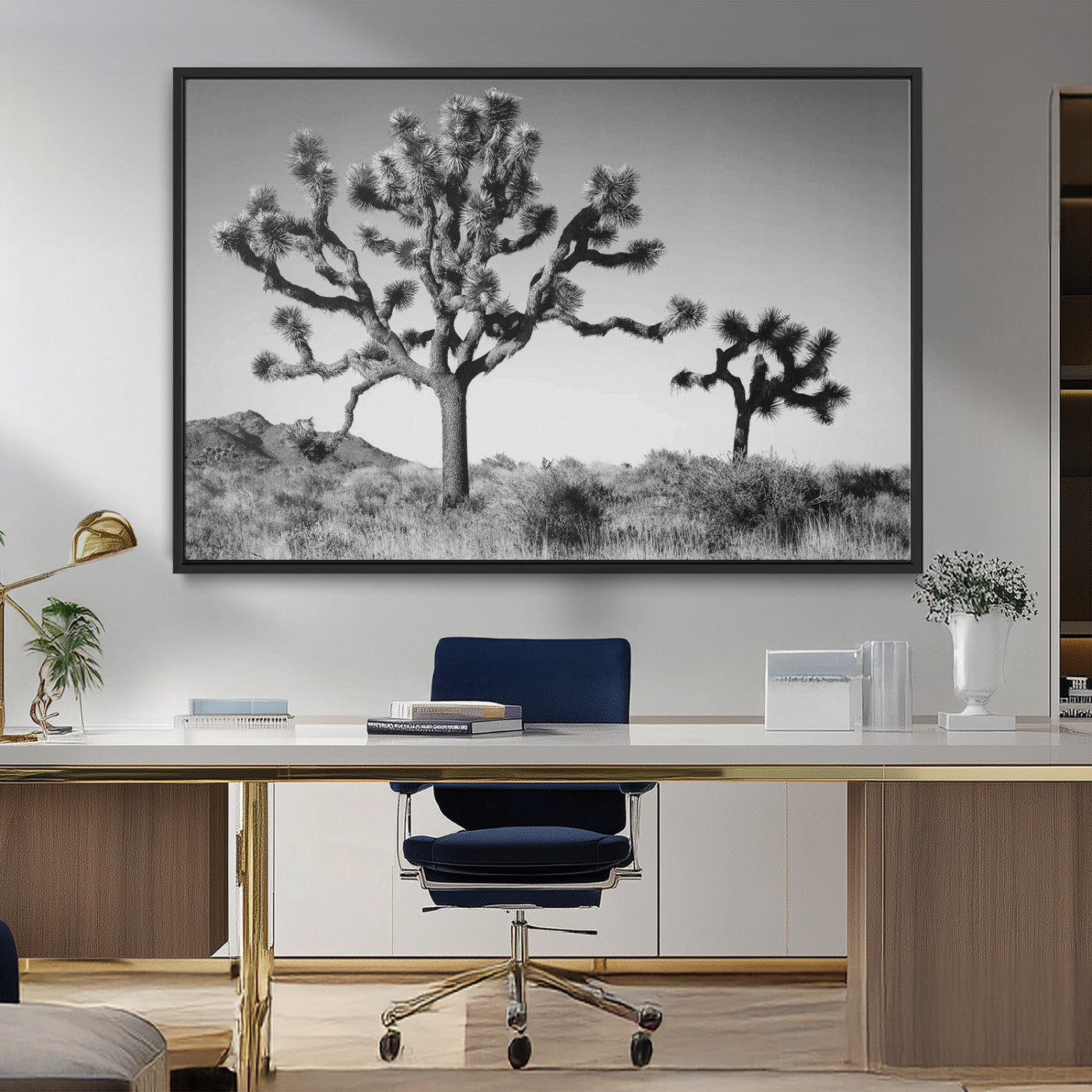 MGV-FC-36X24 - Joshua Tree Wall Art Canvas Print, Framed Monochrome Desert Art Picture Print, Minimalist Nature Scene Perfect Southwestern Minimalist Decor Artwork