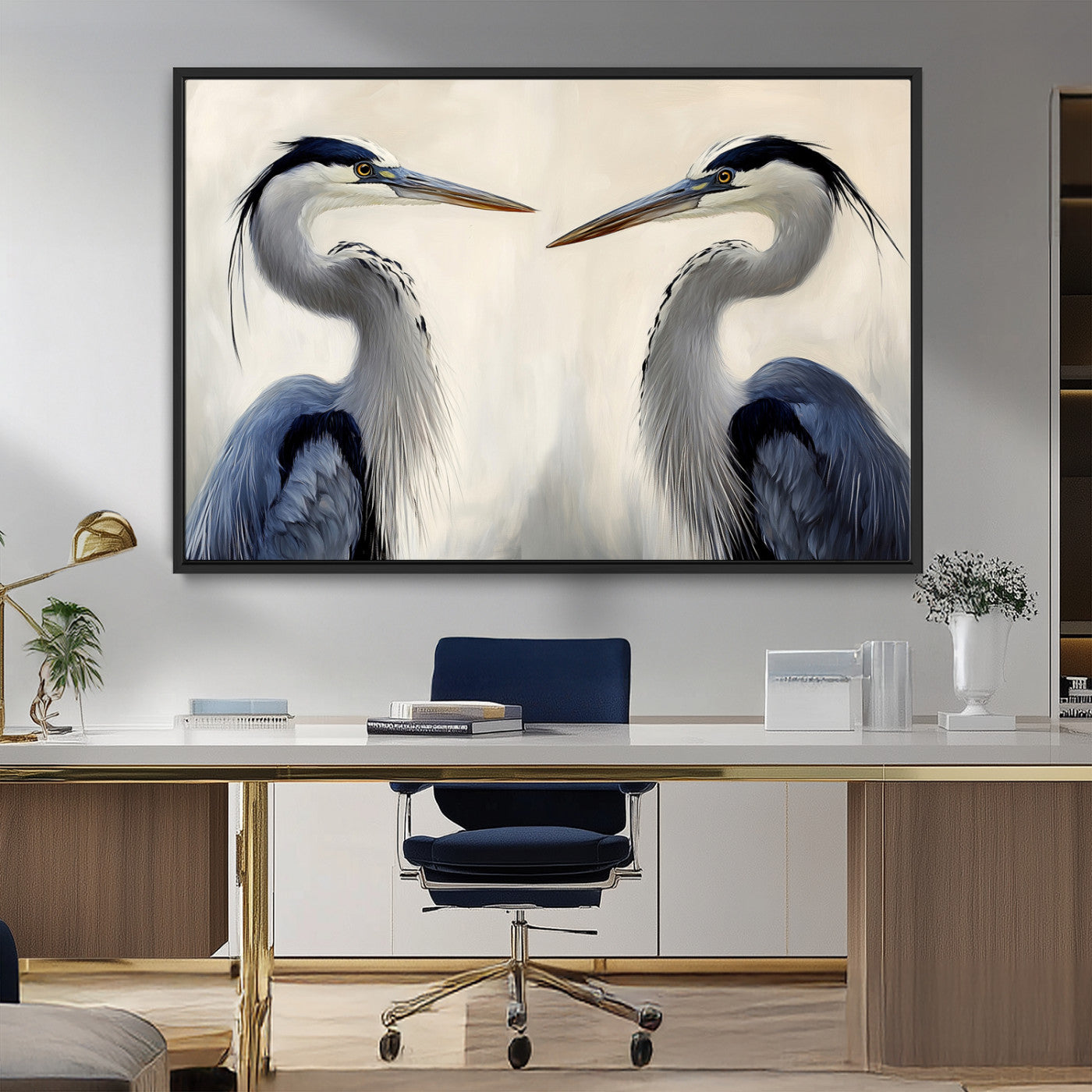 MGV-FC-36X24 - Blue Heron Pair Wall Art Canvas Print, Framed Coastal Bird Theme Art Picture Print, Tranquil Wildlife Scene Perfect Coastal Minimalist Decor Artwork
