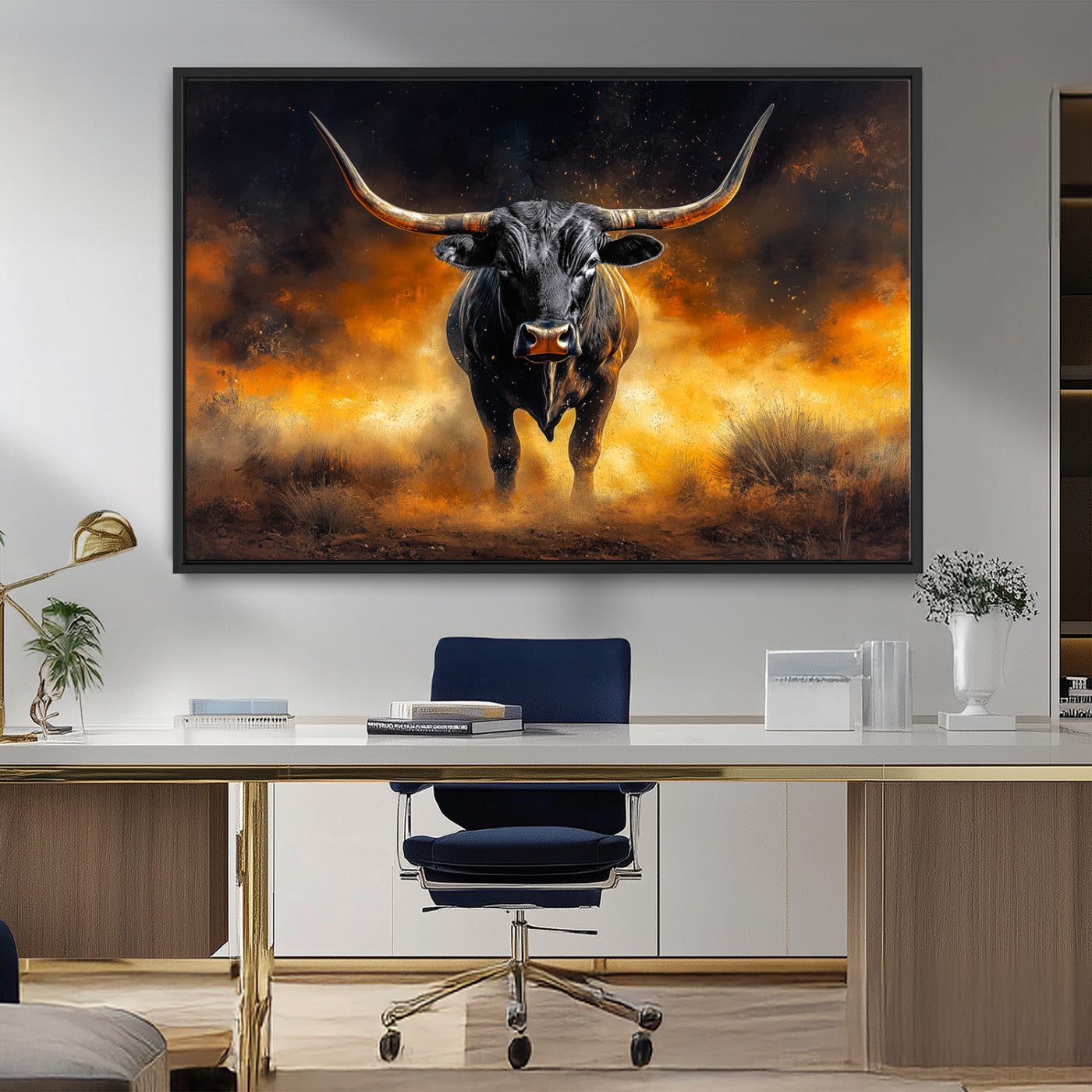 MGV-FC-36X24 - Longhorn Canvas Wall Art Canvas Print, Framed Bold Bull Wall Art Art Picture Print, Western Animal Decor Perfect Western Dramatic Decor Artwork