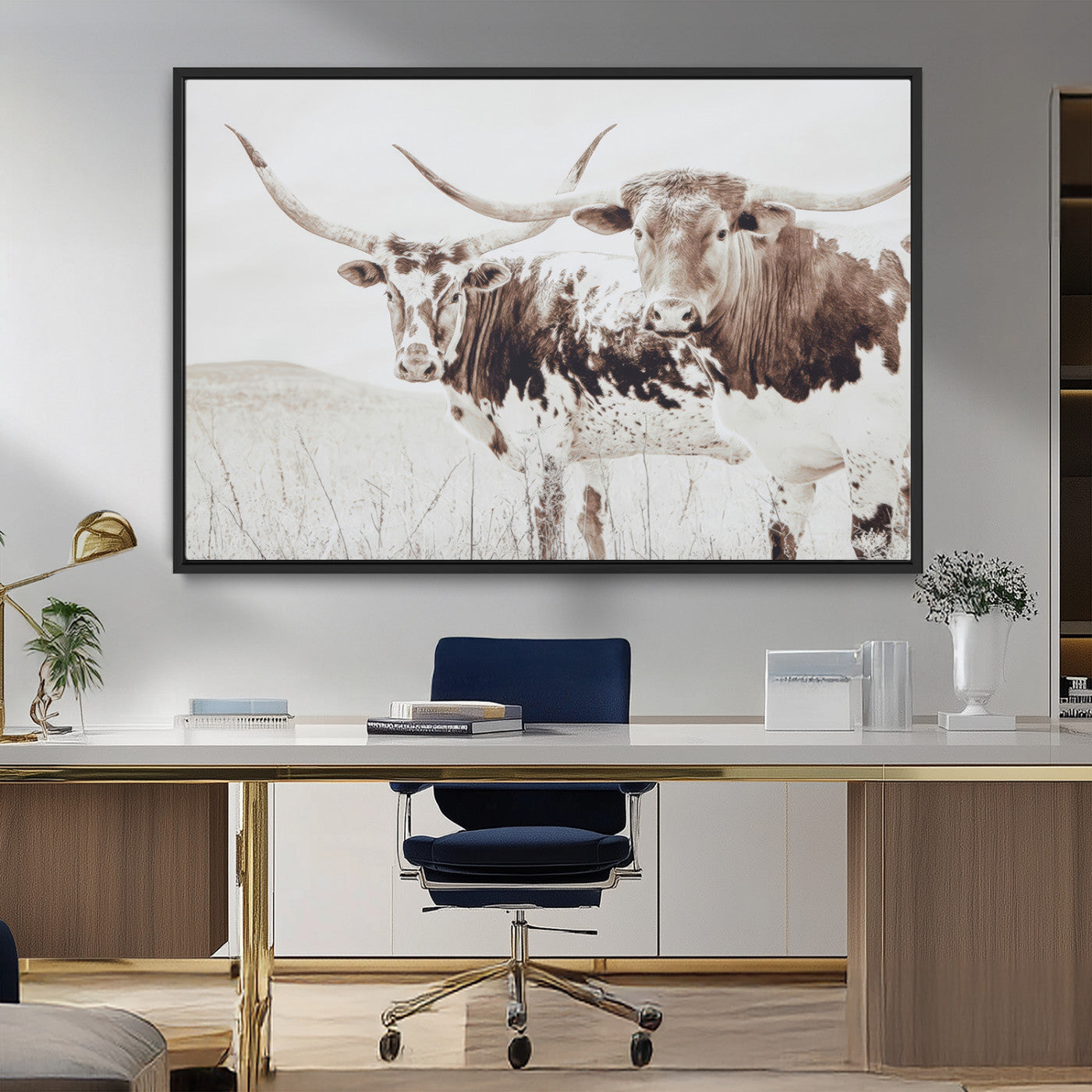 MGV-FC-36X24 - Longhorn Wall Art Wall Art Canvas Print, Framed Western Cow Canvas Art Picture Print, Rustic Farm Decor Perfect Rustic Farmhouse Decor Artwork