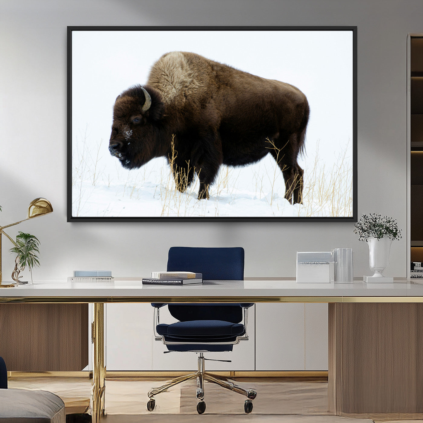 MGV-FC-36X24 - Bison Photography Wall Art Canvas Print, Framed Western Wildlife Art Picture Print, Buffalo On Snow Perfect Western Decor Artwork