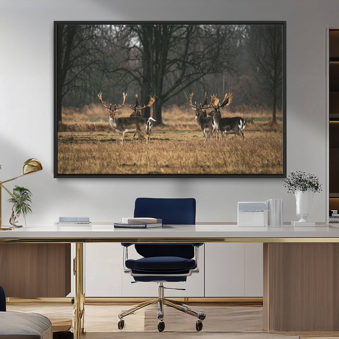 MGV-FC-36X24 - Deer Photography Wall Art Canvas Print, Framed Rustic Wildlife Art Picture Print, Stags In Forest Perfect Rustic Wilderness Decor Artwork