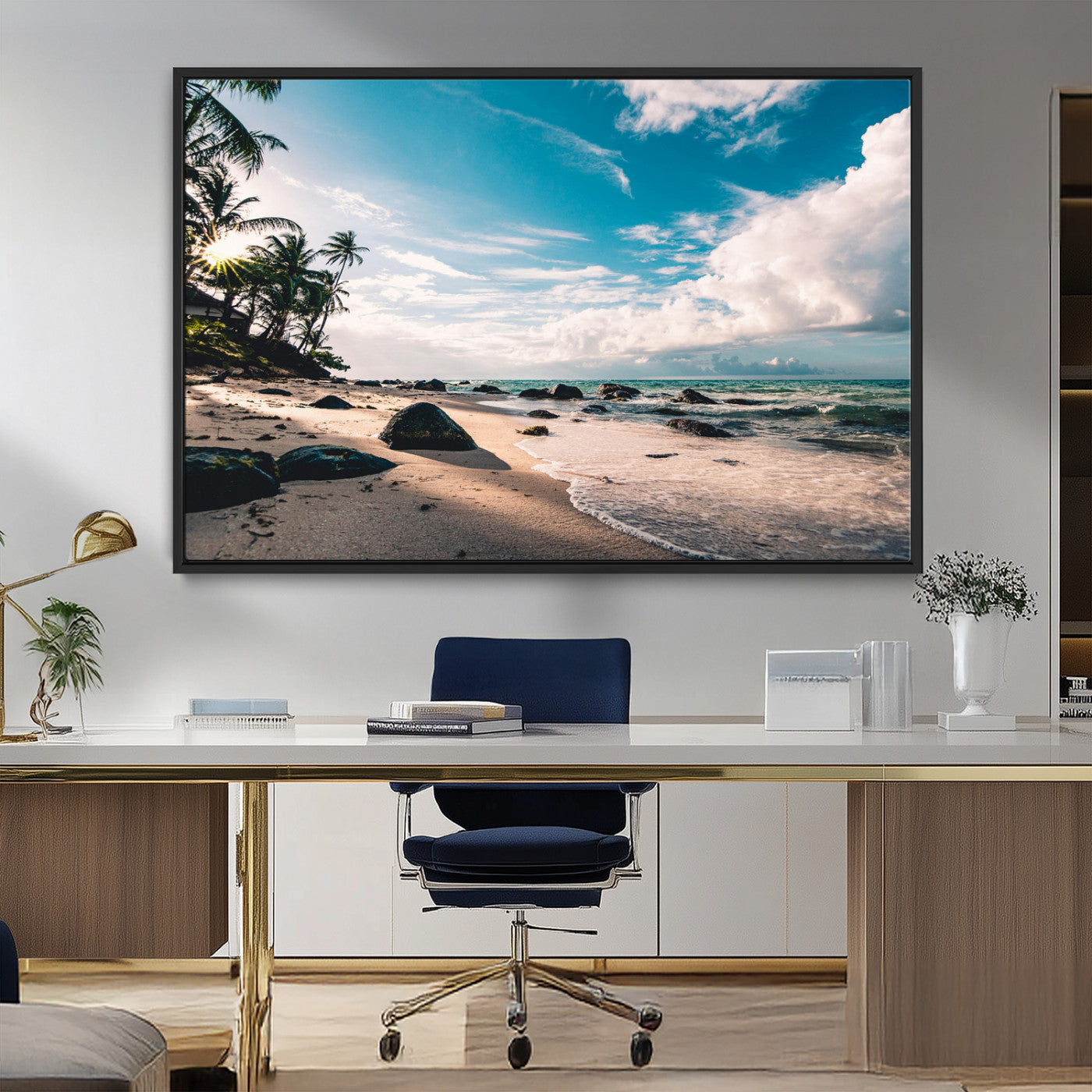 MGV-FC-36X24 - Tropical Beach Wall Art Canvas Print, Framed Ocean Waves Art Picture Print, Relazxing Seascape Perfect Tropical Coastal Decor Artwork