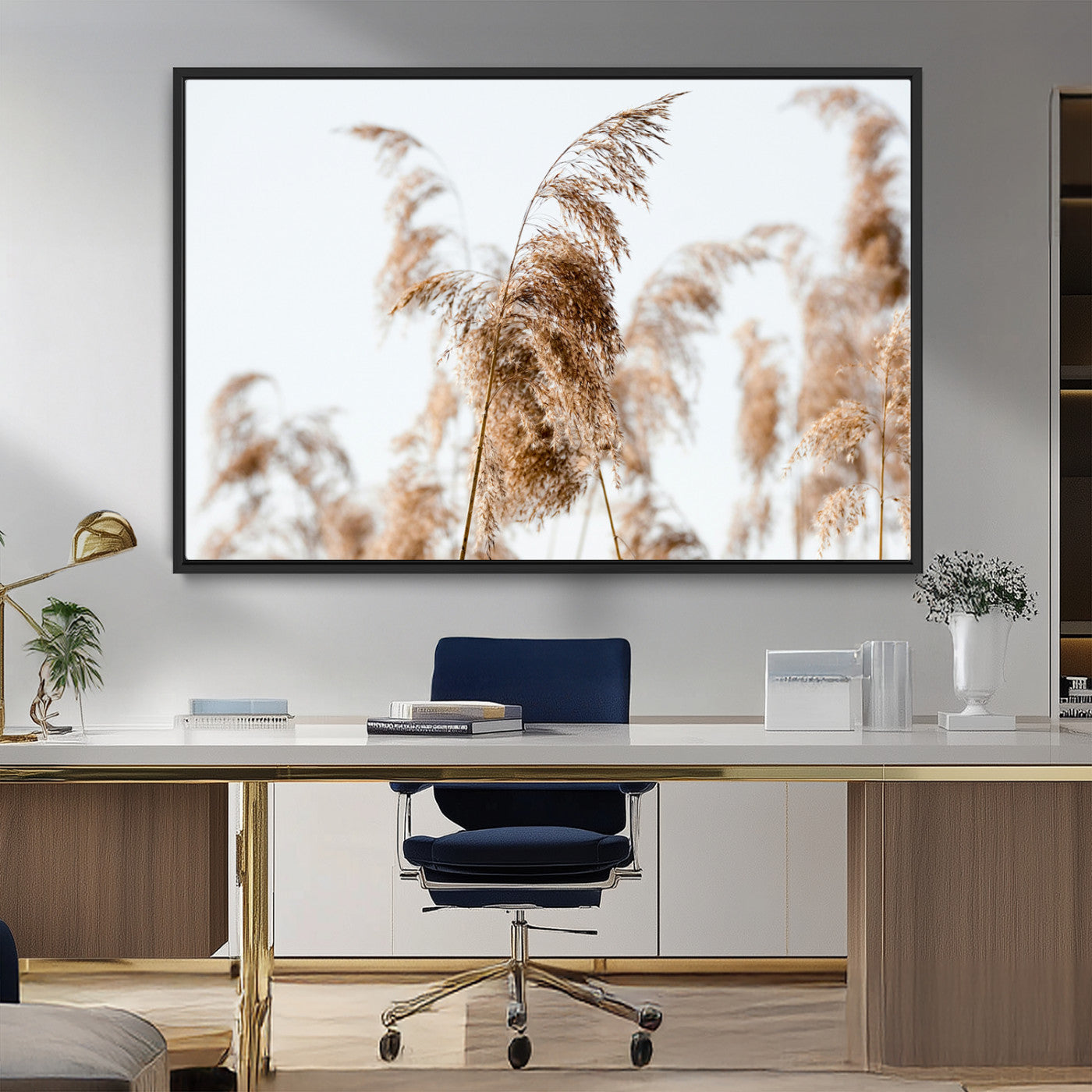 MGV-FC-36X24 - Pampas Grass Wall Art Canvas Print, Framed Neutral Tones Art Picture Print, Minimalist Nature Perfect Boho Decor Artwork