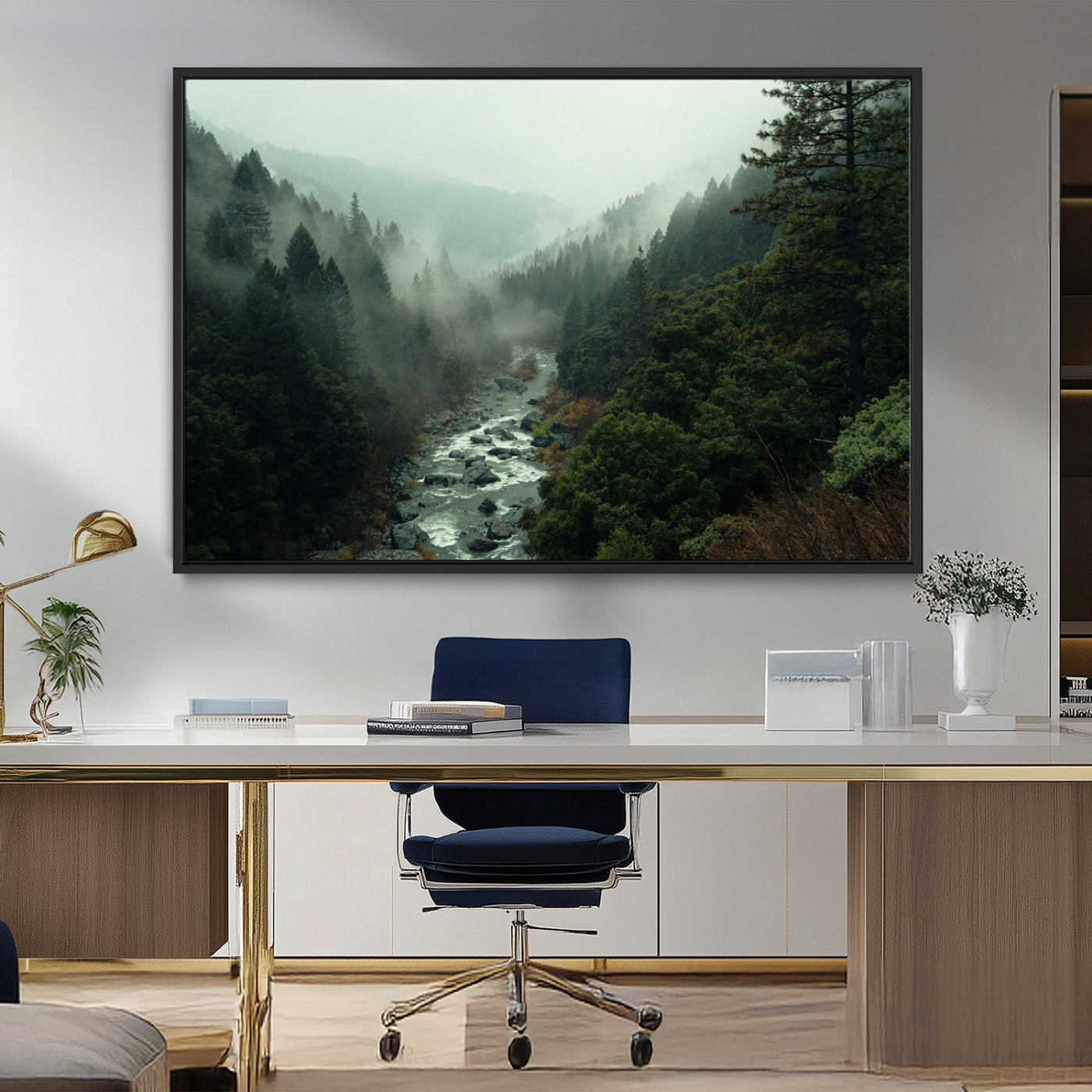 MGV-FC-36X24 - Misty Forest Wall Art Canvas Print, Framed Foggy River Art Picture Print, Moody Landscape Perfect Wilderness Decor Artwork