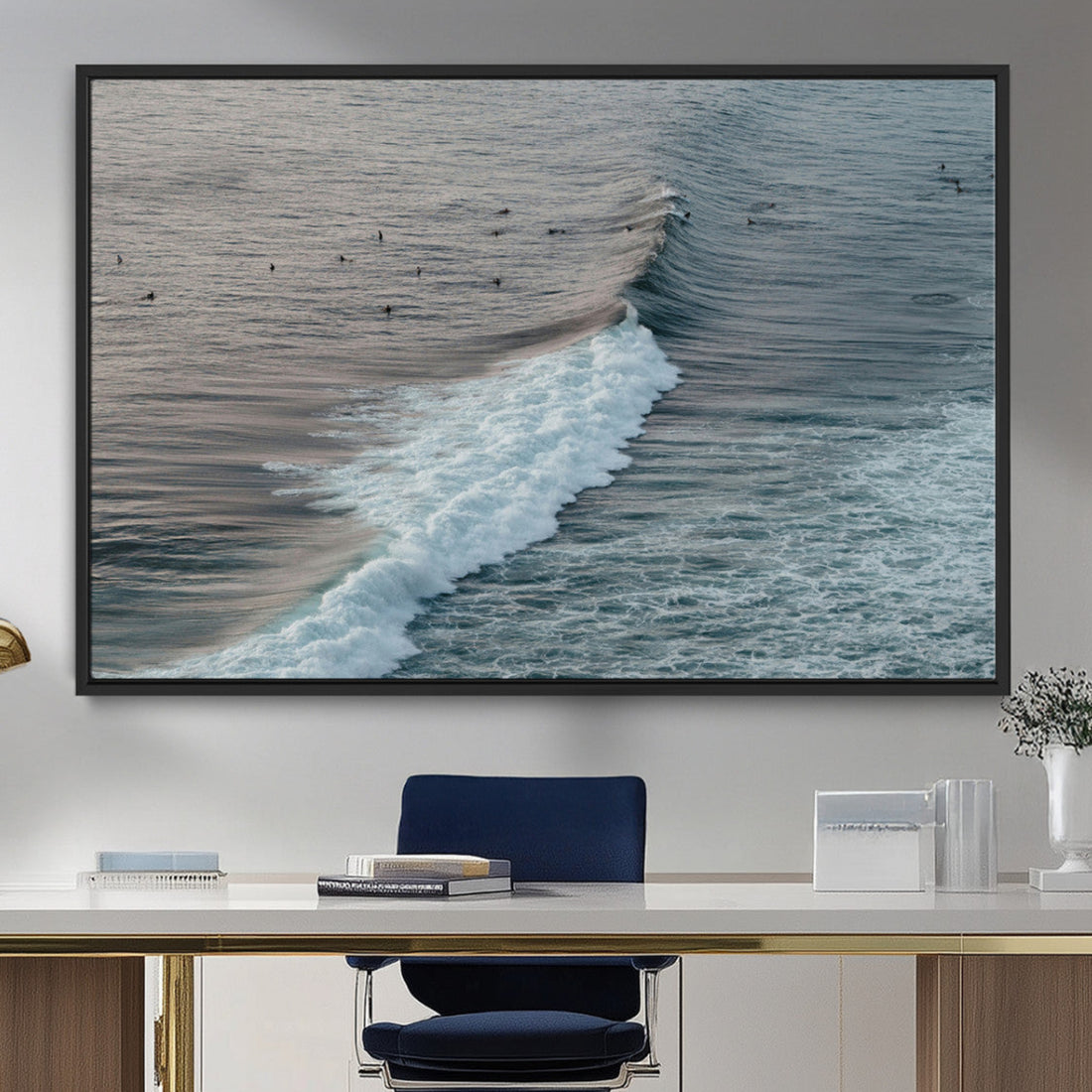 Ocean Waves Wall Art Canvas Print, Framed Coastal Serenity Surf Scene