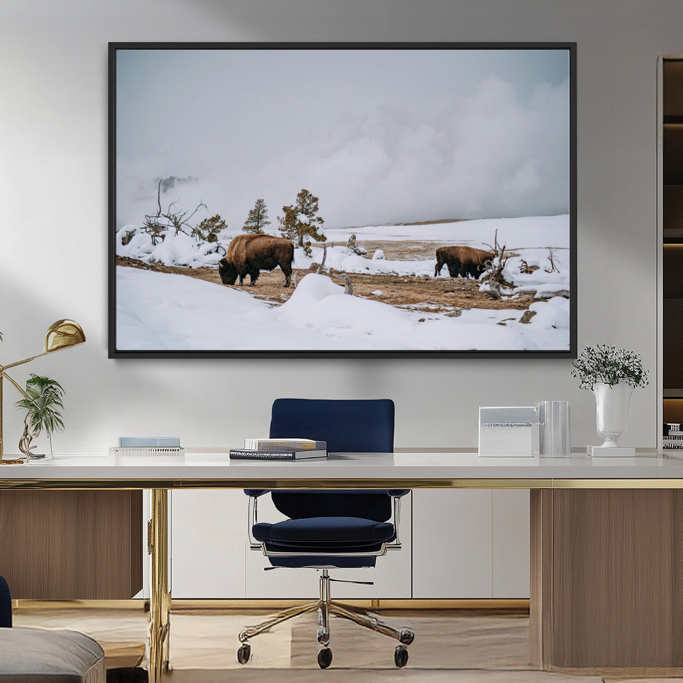 MGV-FC-36X24 - Bison Wildlife Wall Art Canvas Print, Framed Snowy Prairie Art Picture Print, Western Perfect Rustic Decor Artwork