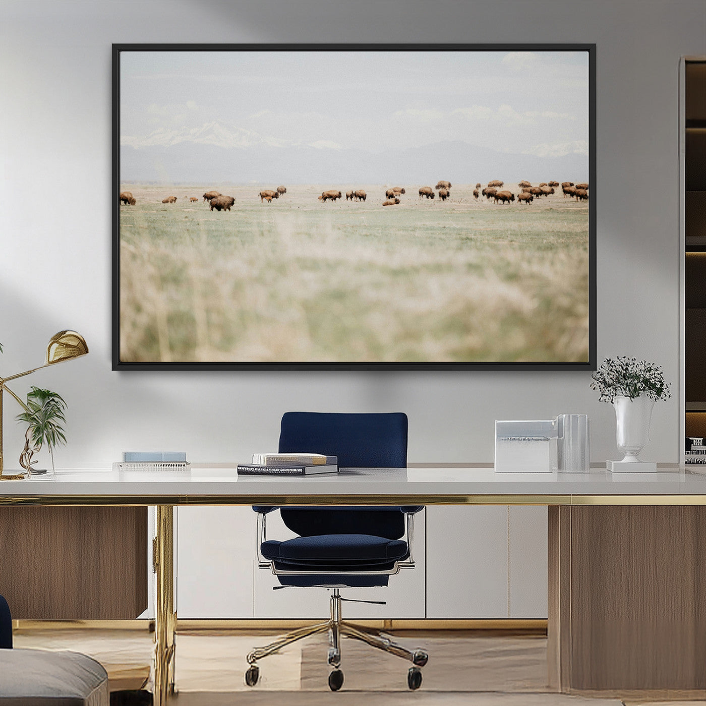 MGV-FC-36X24 - Bison Herd Wall Art Canvas Print, Framed Western Art Picture Print, Bison Perfect Ranch Decor Artwork