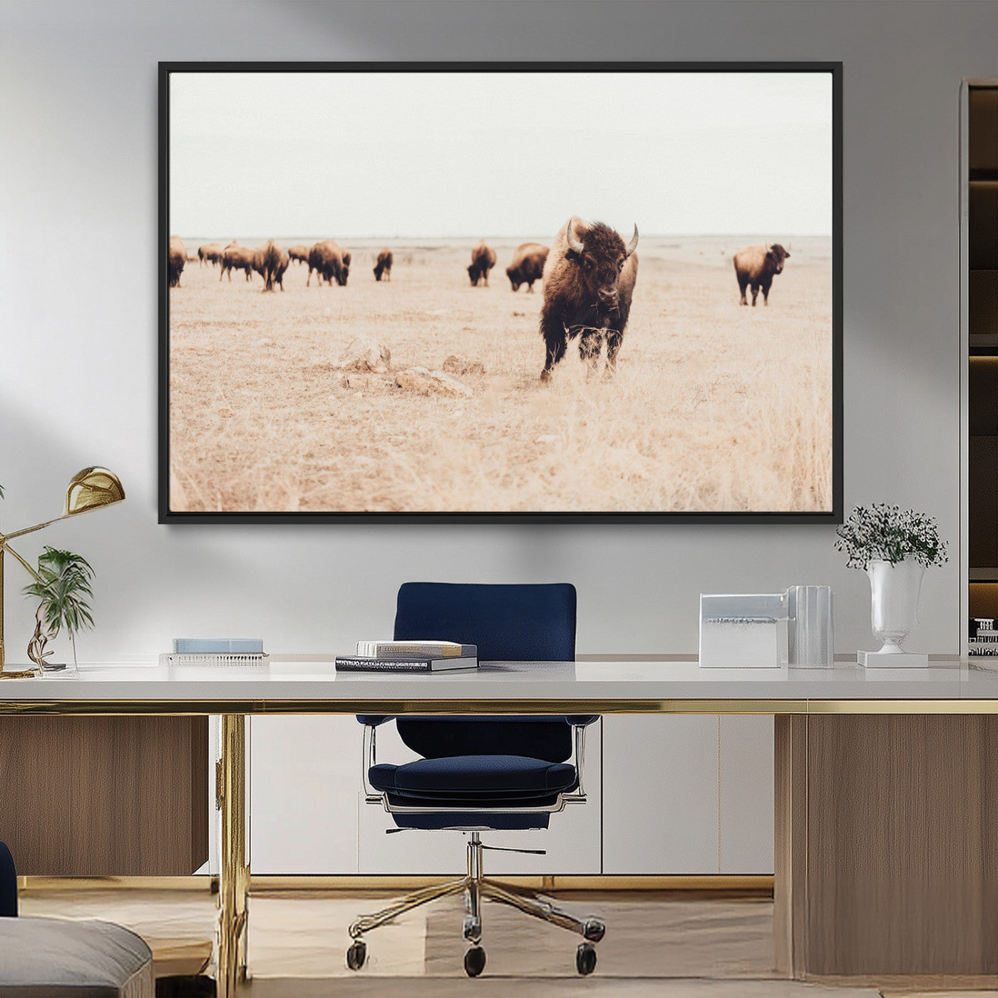 MGV-FC-36X24 - Bison Herd Wall Art Canvas Print, Framed Western Art Picture Print, Prairie Serenity Perfect Ranch Decor Artwork