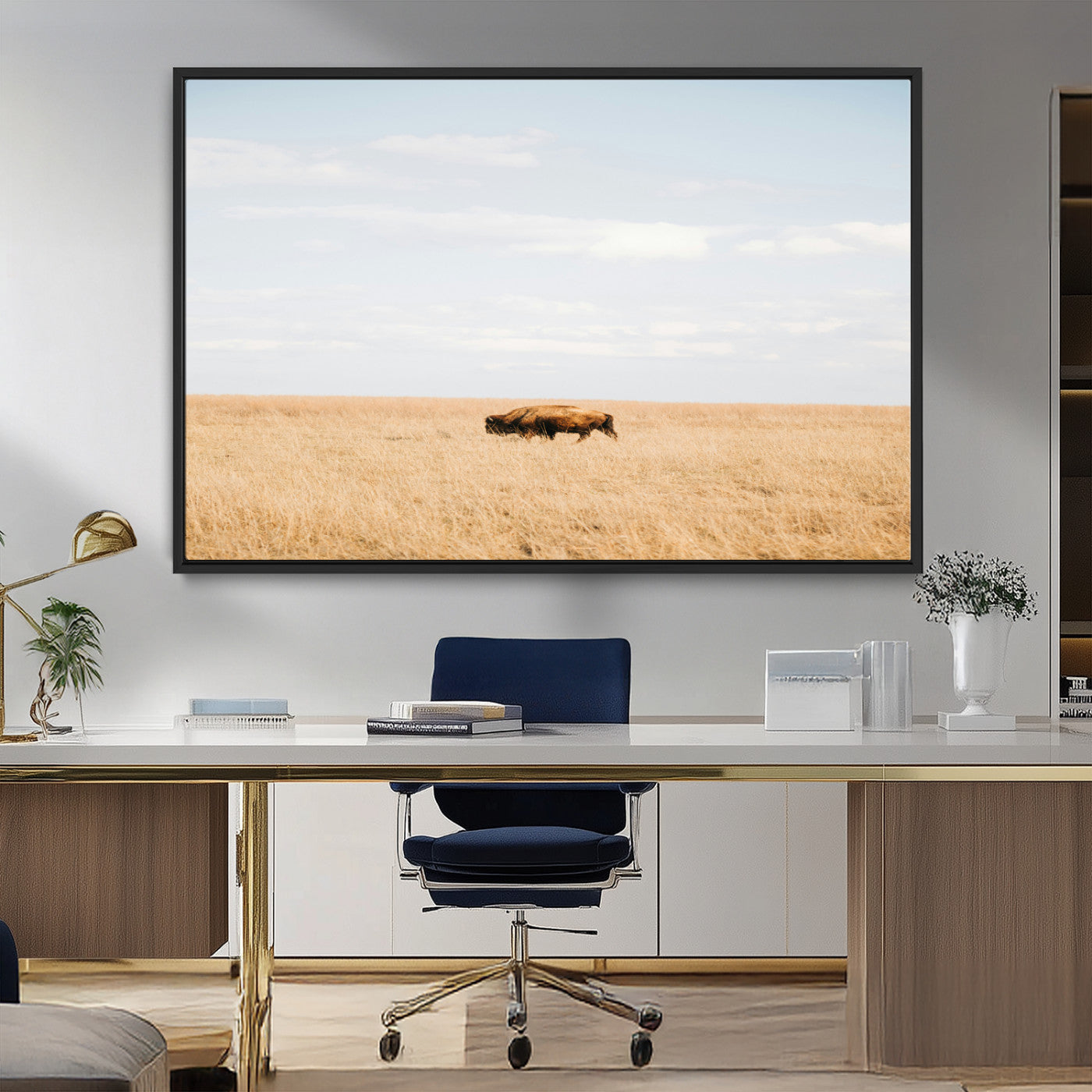 MGV-FC-36X24 - Minimalist Nature Wall Art Canvas Print, Framed Bison In Grassland Art Picture Print, Open Field Perfect Modern Ranch Decor Decor Artwork