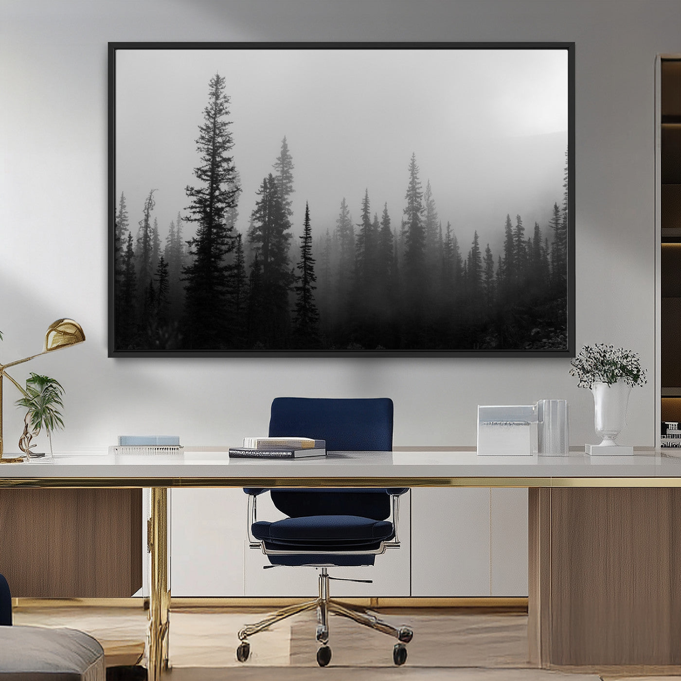 MGV-FC-36X24 - Misty Pines Wall Art Canvas Print, Framed Woodland Photography Art Picture Print, Minimalist Decor Perfect Rustic Decor Artwork