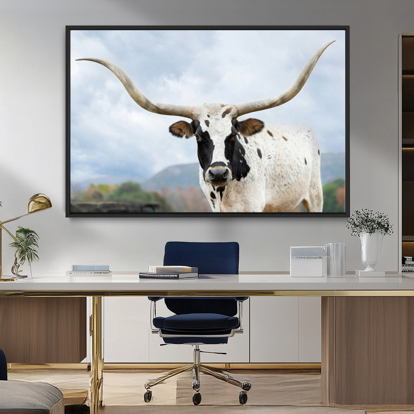 MGV-FC-36X24 - Texas Longhorn Wall Art Canvas Print, Framed Western Rustic Art Picture Print, Farmhouse Decor Perfect Farmhouse Decor Artwork