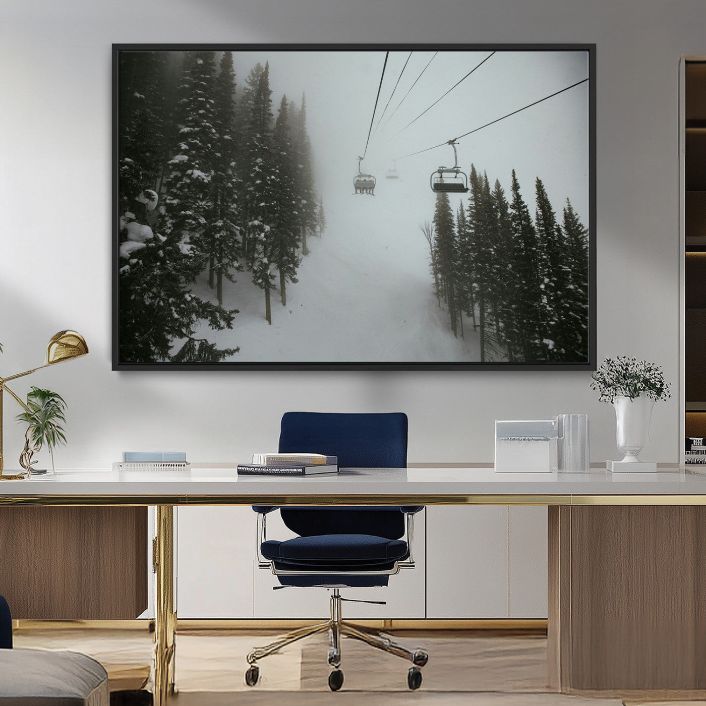 MGV-FC-36X24 - Ski Lift Wall Art Canvas Print, Framed Snowy Pines Art Picture Print, Misty Landscape Perfect Winter Serenity Decor Artwork