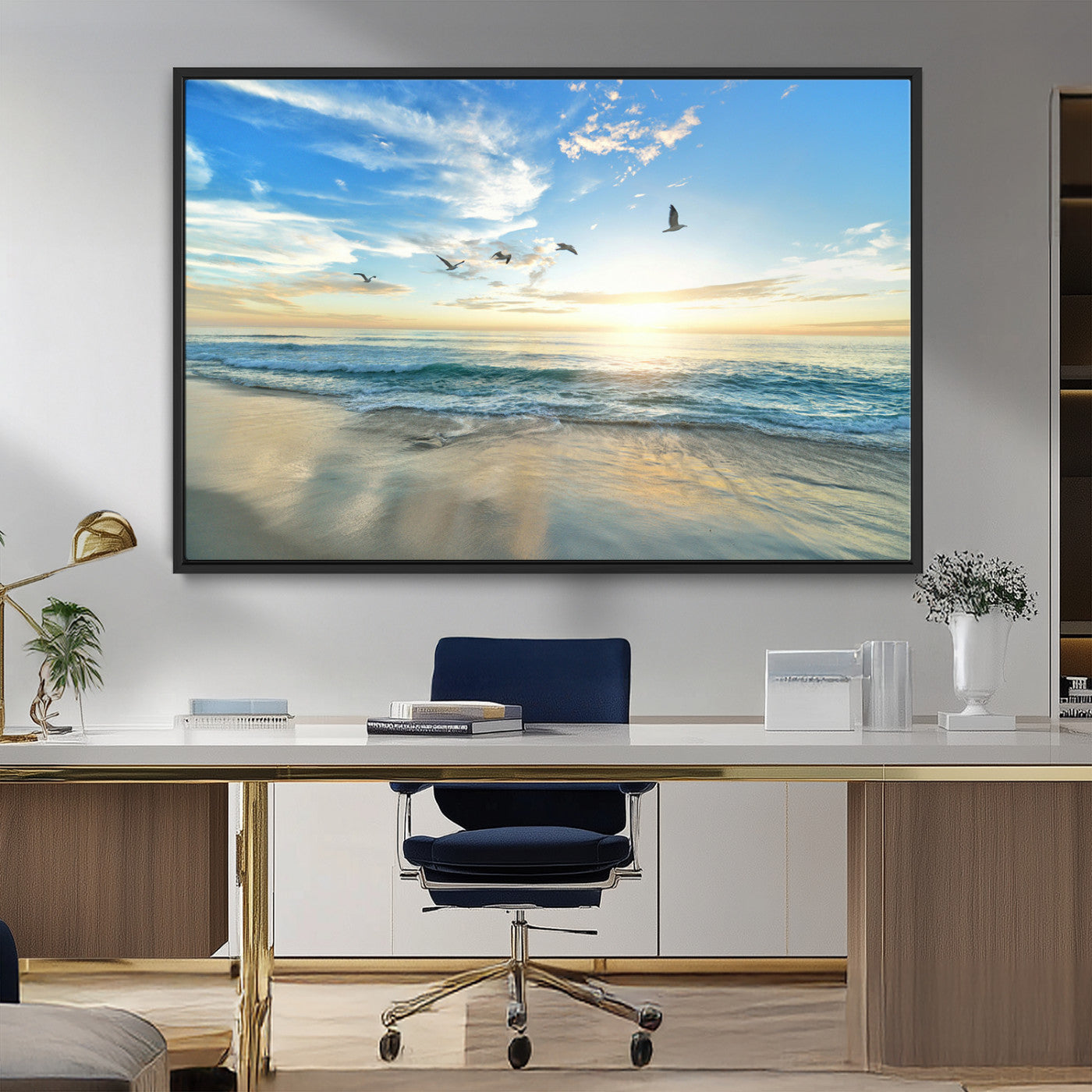 MGV-FC-36X24 - Minimalist Seaside Wall Art Canvas Print, Framed Morning Glow Art Picture Print, Golden Reflections Perfect Coastal Minimalist Decor Artwork