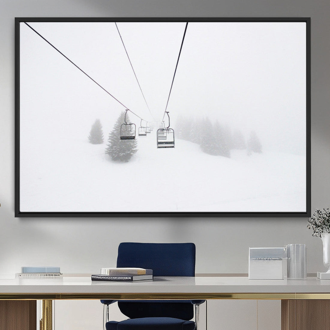 Ski Lift Wall Art Canvas Print, Framed Snowy Landscape Art, Alpine Adventure Nordic Minimalist Decor