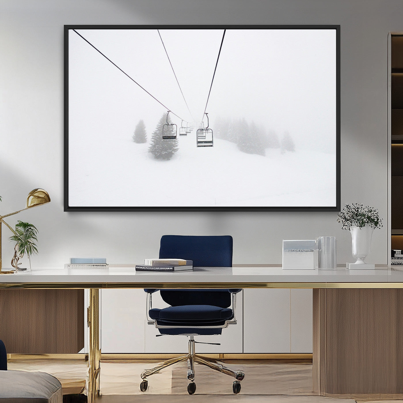 MGV-FC-36X24 - Ski Lift Wall Art Canvas Print, Framed Snowy Landscape Art Picture Print, Alpine Adventure Perfect Nordic Minimalist Decor Artwork