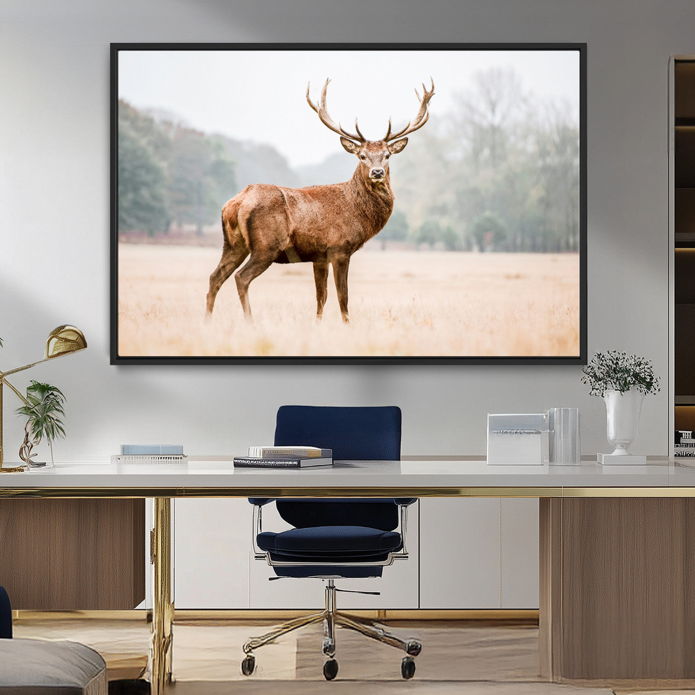 MGV-FC-36X24 - Vintage Wildlife Art Wall Art Canvas Print, Framed Misty Landscape Art Picture Print, Deer Wall Art Perfect Rustic Wildlife Decor Artwork