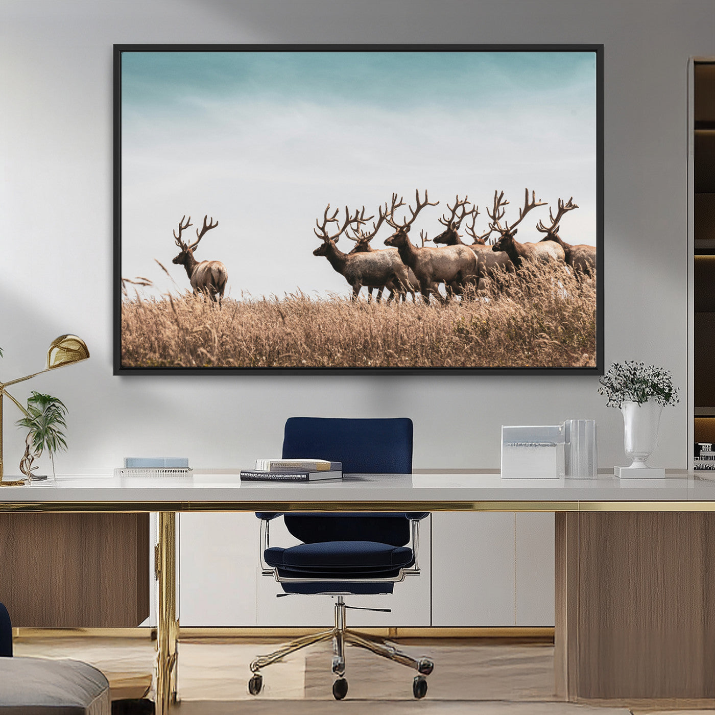 MGV-FC-36X24 - Elk Herd Wall Art Canvas Print, Framed Wildlife Photography Art Picture Print, Rustic Nature Print Perfect Rustic Wildlife Decor Artwork