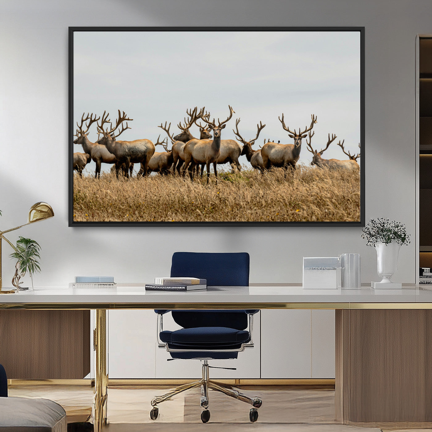 MGV-FC-36X24 - Elk Herd Wall Art Canvas Print, Framed Wildlife Photography Art Picture Print, Majestic Antlers Perfect Rustic Wildlife Decor Artwork