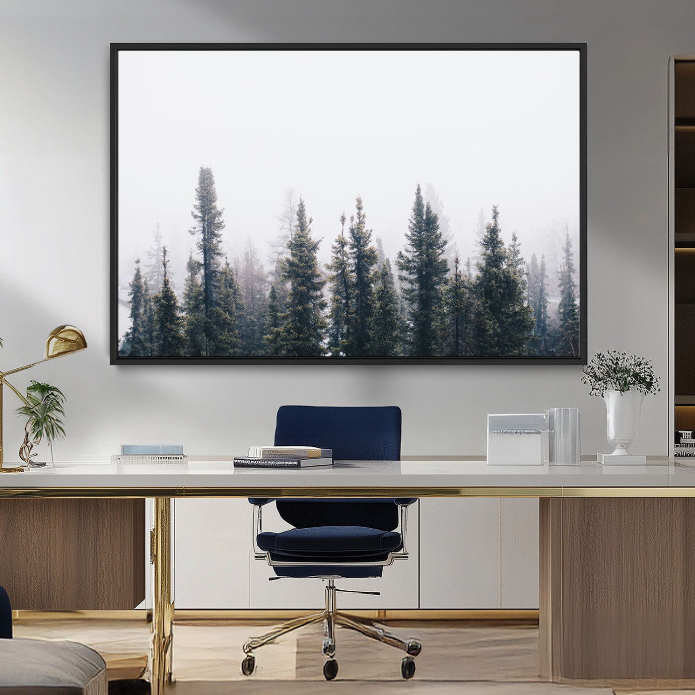MGV-FC-36X24 - Foggy Forest Wall Art Canvas Print, Framed Misty Pines Art Picture Print, Moody Woodland Perfect Scandinavian Minimalist Decor Artwork