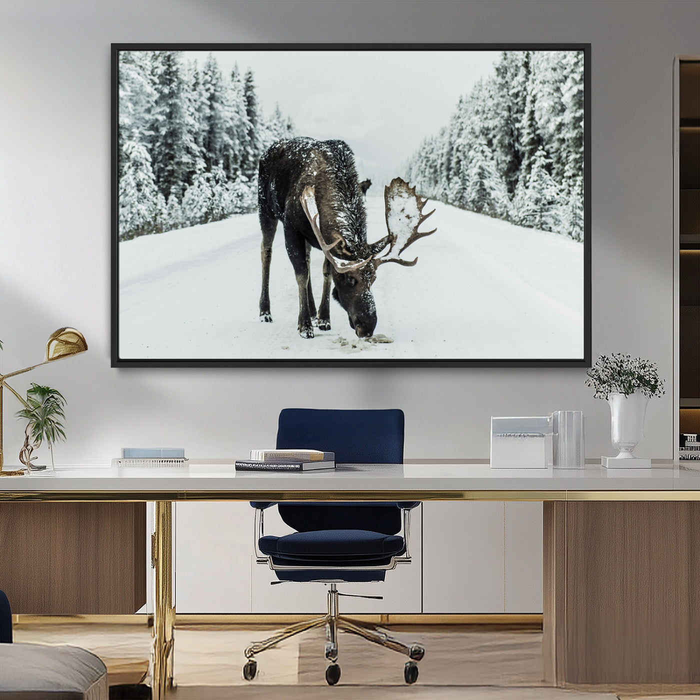 MGV-FC-36X24 - Moose in Snow Wall Art Canvas Print, Framed Winter Wildlife Art Picture Print, Snowy Forest Scene Perfect Rustic Lodge Decor Artwork