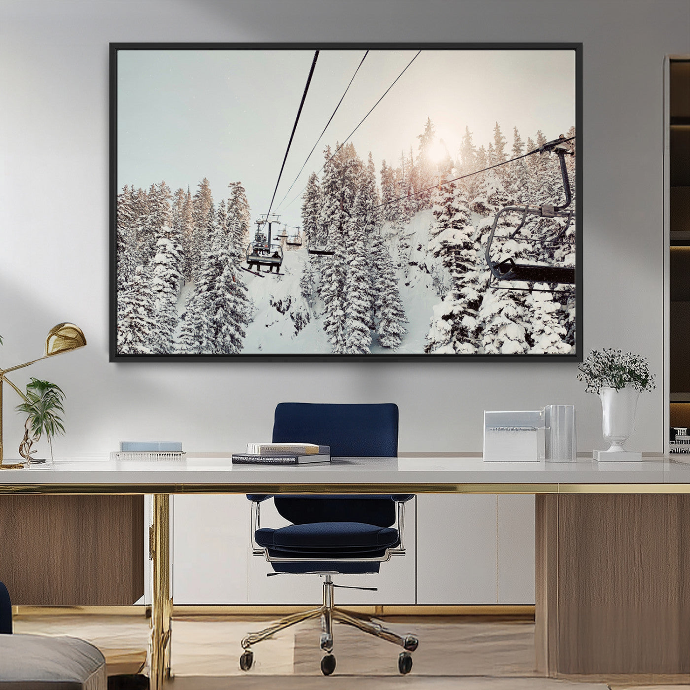 MGV-FC-36X24 - Frosty Pines Wall Art Canvas Print, Framed Cozy Cabin View Art Picture Print, Ski Lift Ride Perfect Rustic Lodge Decor Artwork