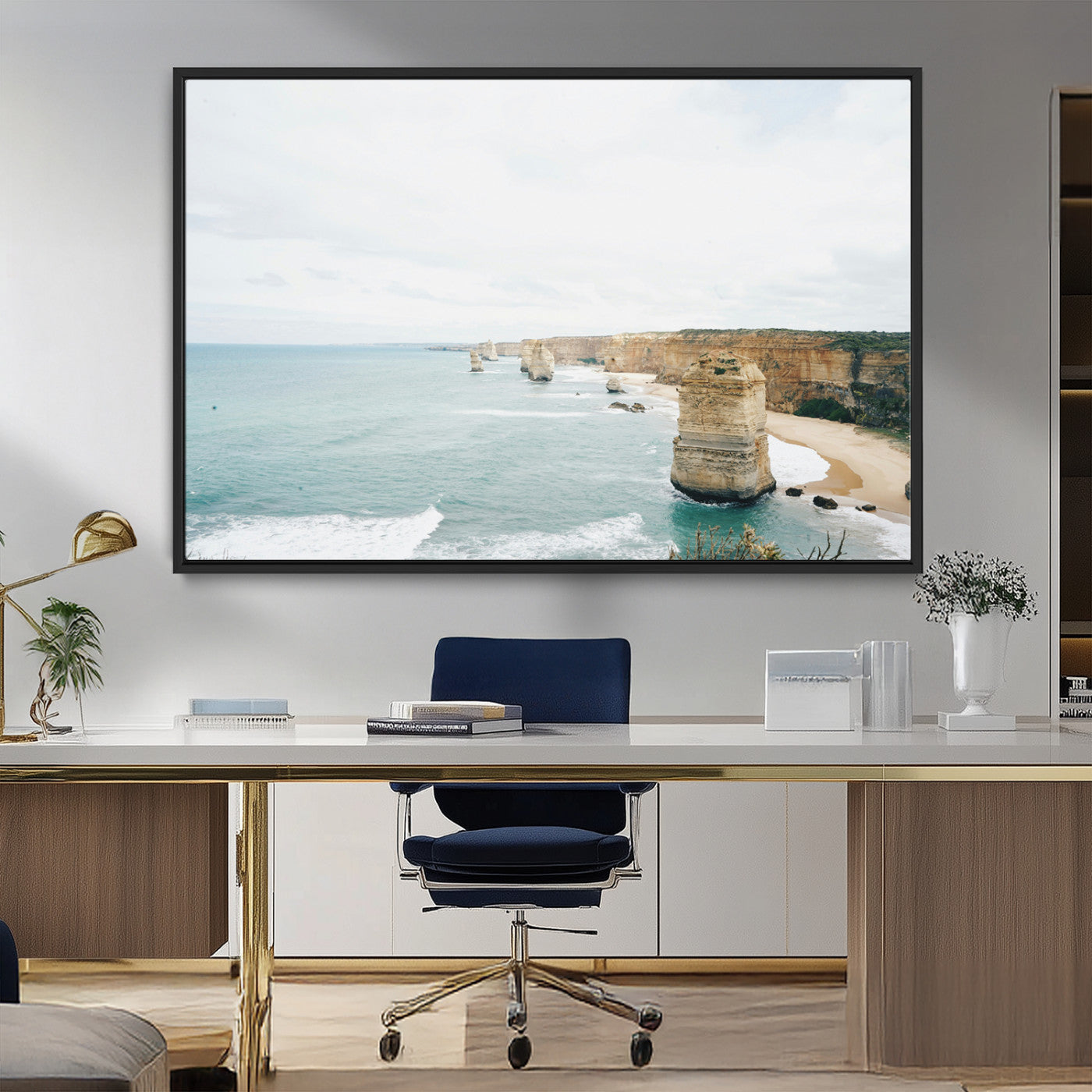 MGV-FC-36X24 - Twelve Apostles Wall Art Canvas Print, Framed Coastal Cliffs Art Picture Print, Rugged Rock Formations Perfect Minimalist Coastal Decor Artwork