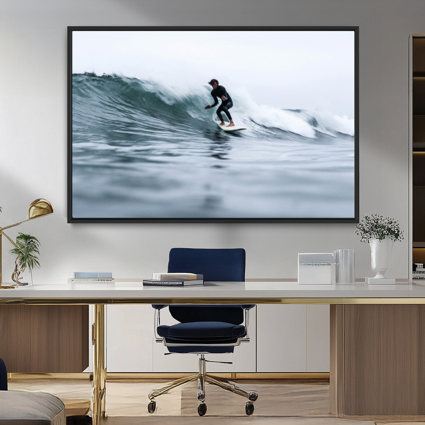 MGV-FC-36X24 - Surfer on Wave Wall Art Canvas Print, Framed Ocean Adventure Art Picture Print, Motion Blur Water Perfect Coastal Adventure Decor Artwork