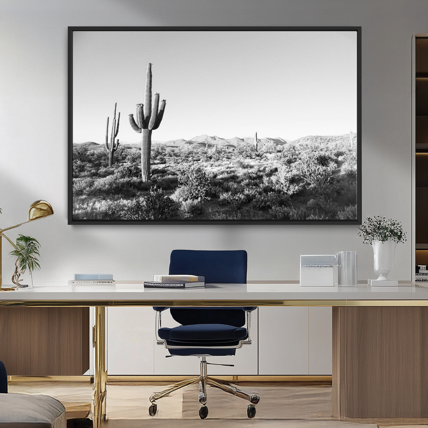 MGV-FC-36X24 - Saguaro Cactus Wall Art Canvas Print, Framed Monochrome Landscape Art Picture Print, Scenic Arizona View Perfect Minimalist Western Decor Artwork