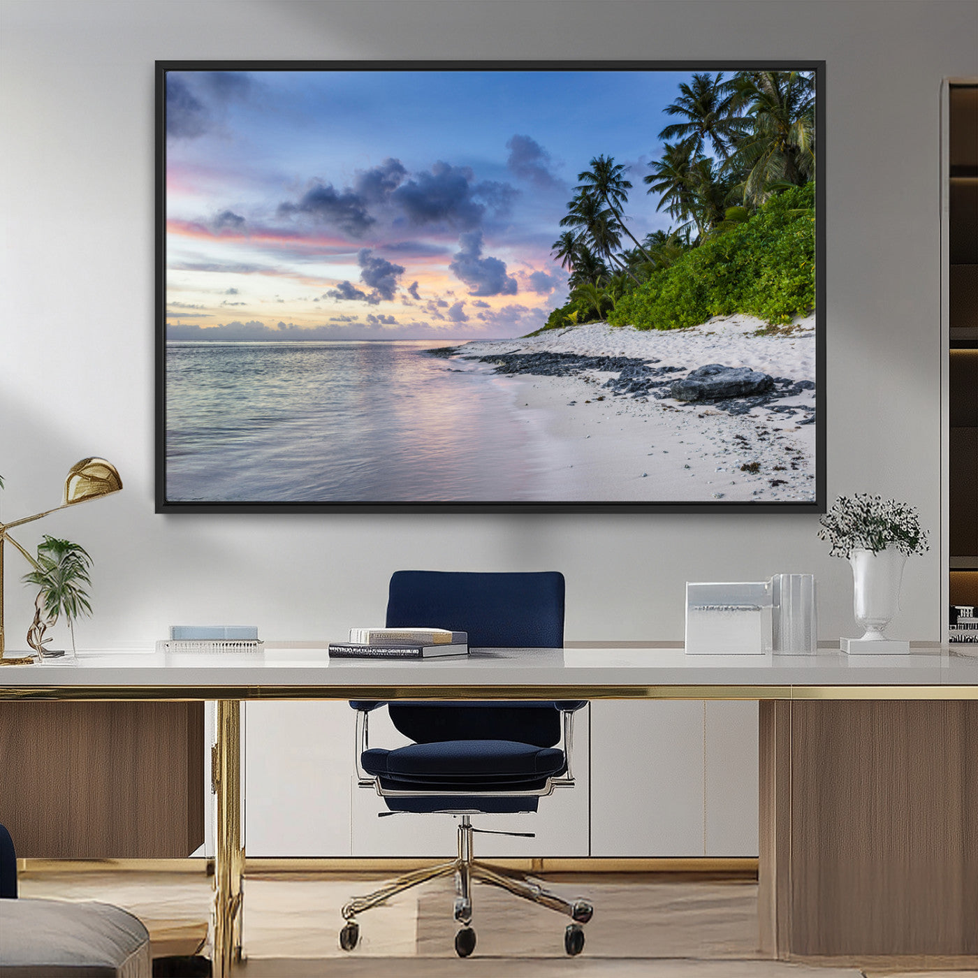 MGV-FC-36X24 - Tropical Beach Wall Art Canvas Print, Framed Sunset Glow Art Picture Print, Palm Tree Coast Perfect Tropical Coastal Decor Artwork