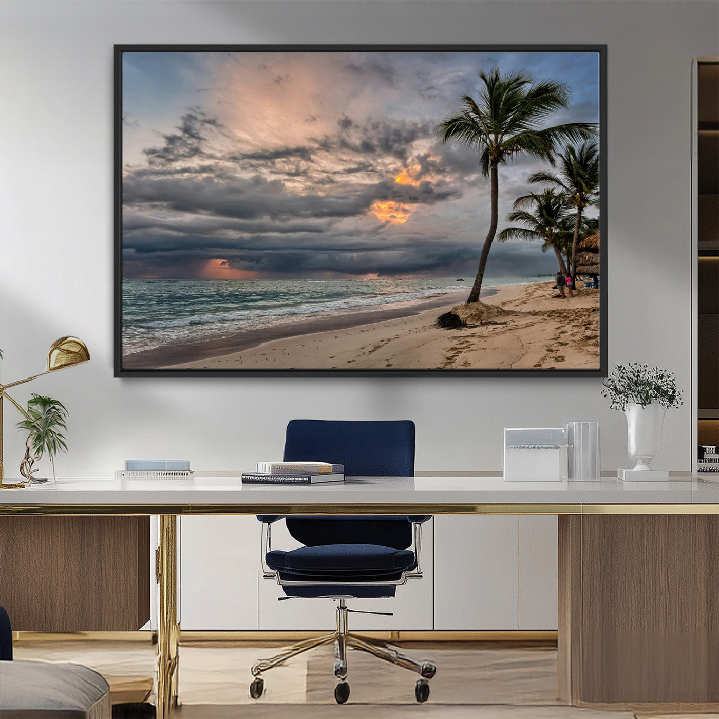 MGV-FC-36X24 - Tropical Storm Wall Art Canvas Print, Framed Moody Beach Art Picture Print, Dramatic Sky Perfect Tropical Coastal Decor Artwork