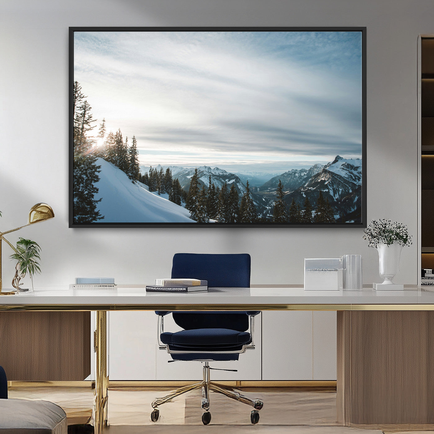 MGV-FC-36X24 - Snowy Mountains Wall Art Canvas Print, Framed Alpine Landscape Art Picture Print, Frosty Peaks Perfect Nordic Minimalist Decor Artwork