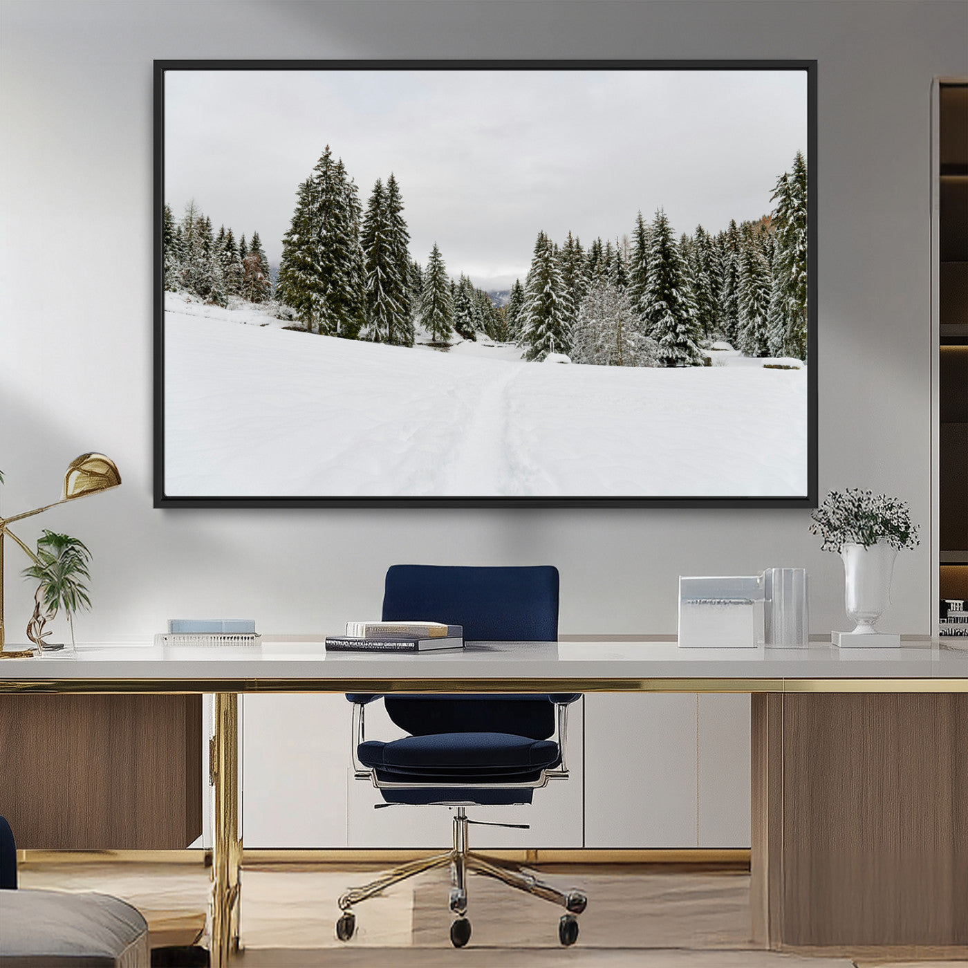 MGV-FC-36X24 - Frosty Pines Wall Art Canvas Print, Framed Silent Snowfall Art Picture Print, Cozy Cabin Vibes Perfect Nordic Minimalist Decor Artwork