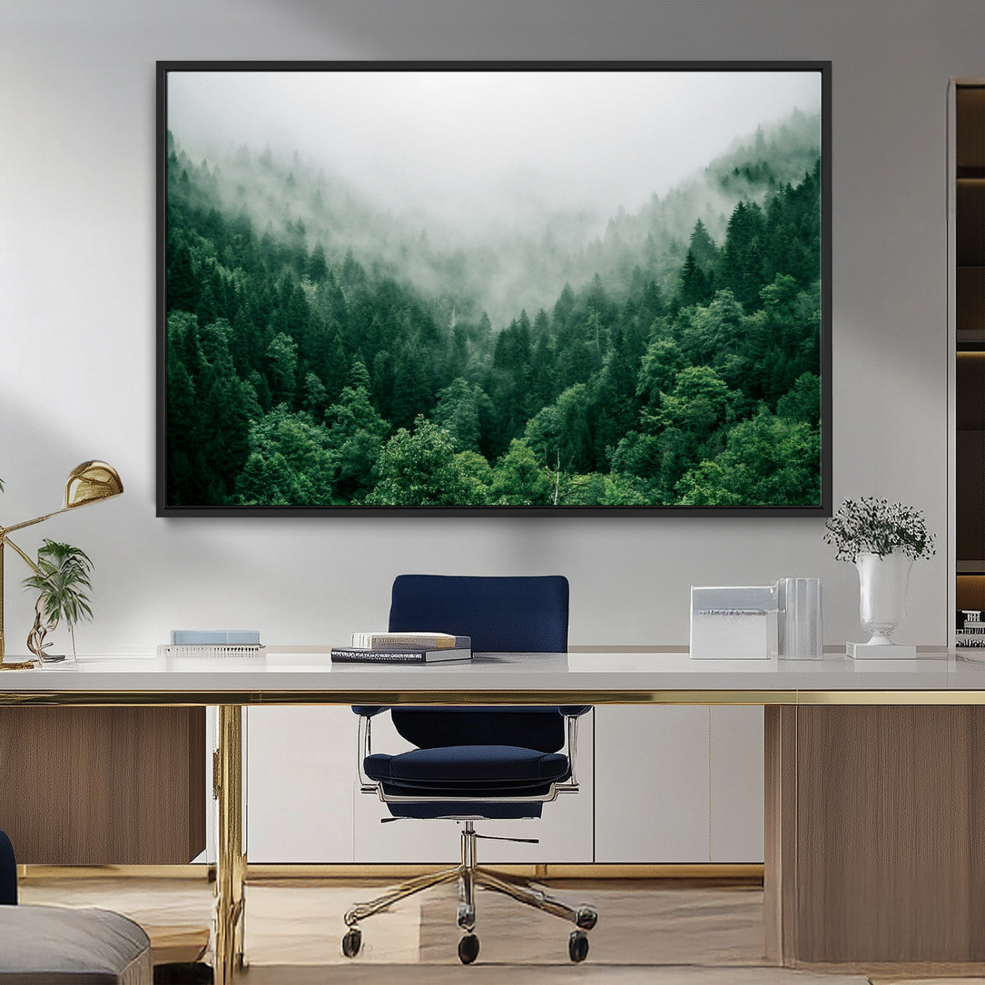 MGV-FC-36X24 - Misty Green Forest Canvas Print – Serene Foggy Pine Landscape Wall Art, Tranquil Nature Decor for