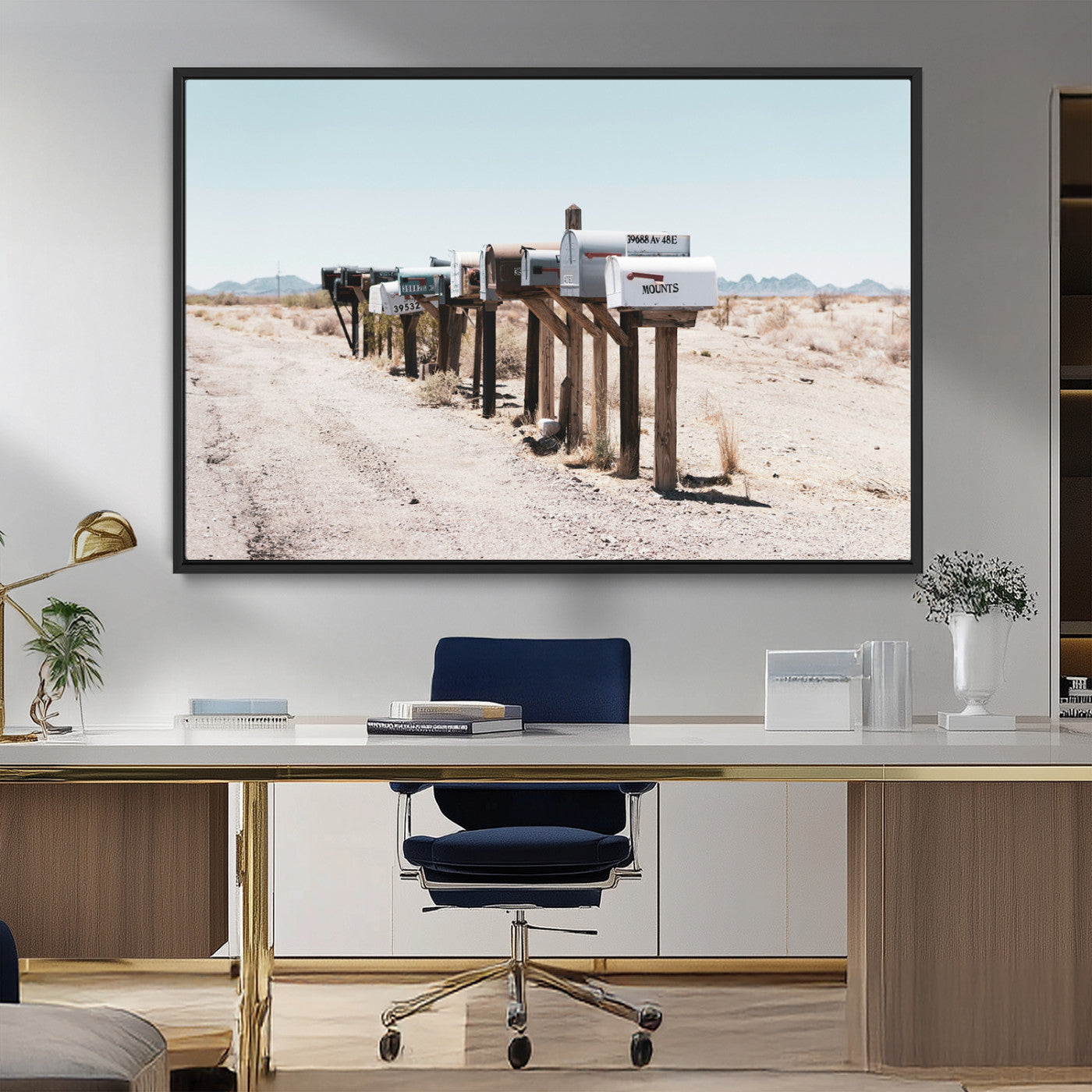 MGV-FC-36X24 - Desert Mailboxes Canvas Print – Minimal Western Landscape Photography, Rustic Americana Wall Art for