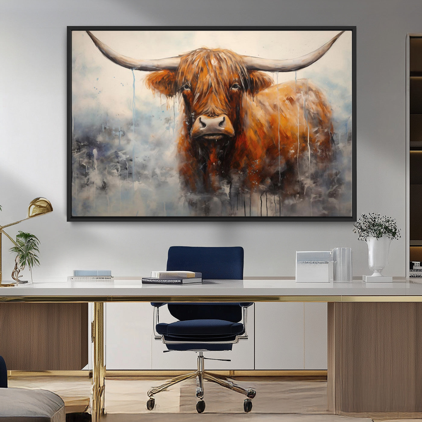 MGV-FC-36X24 - Scottish Highland Wall Art Canvas Print, Framed Longhorn Art Picture Print, Western Cow Perfect Farmhouse Decor Artwork