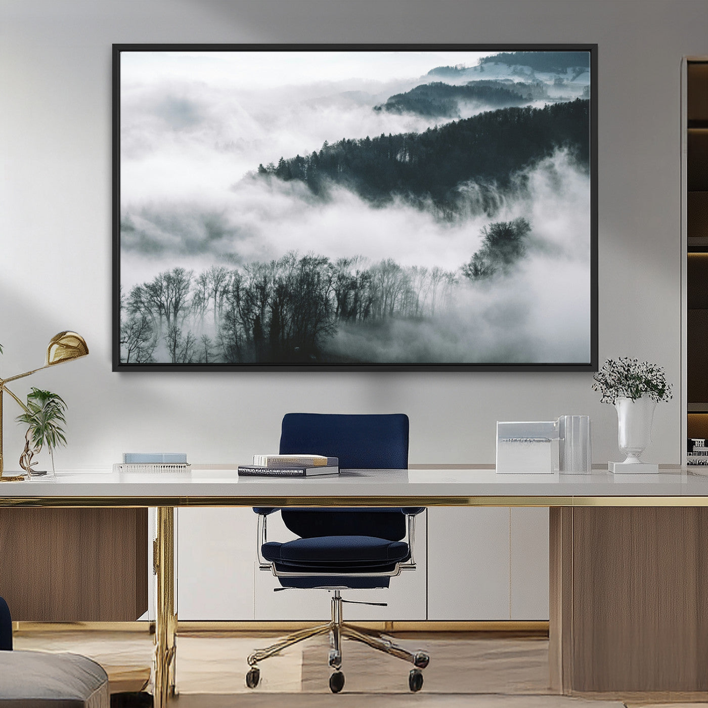 MGV-FC-36X24 - Foggy Forest Landscape Wall Art Canvas Print – Misty Mountain Valley Scene in Monochrome Tones,