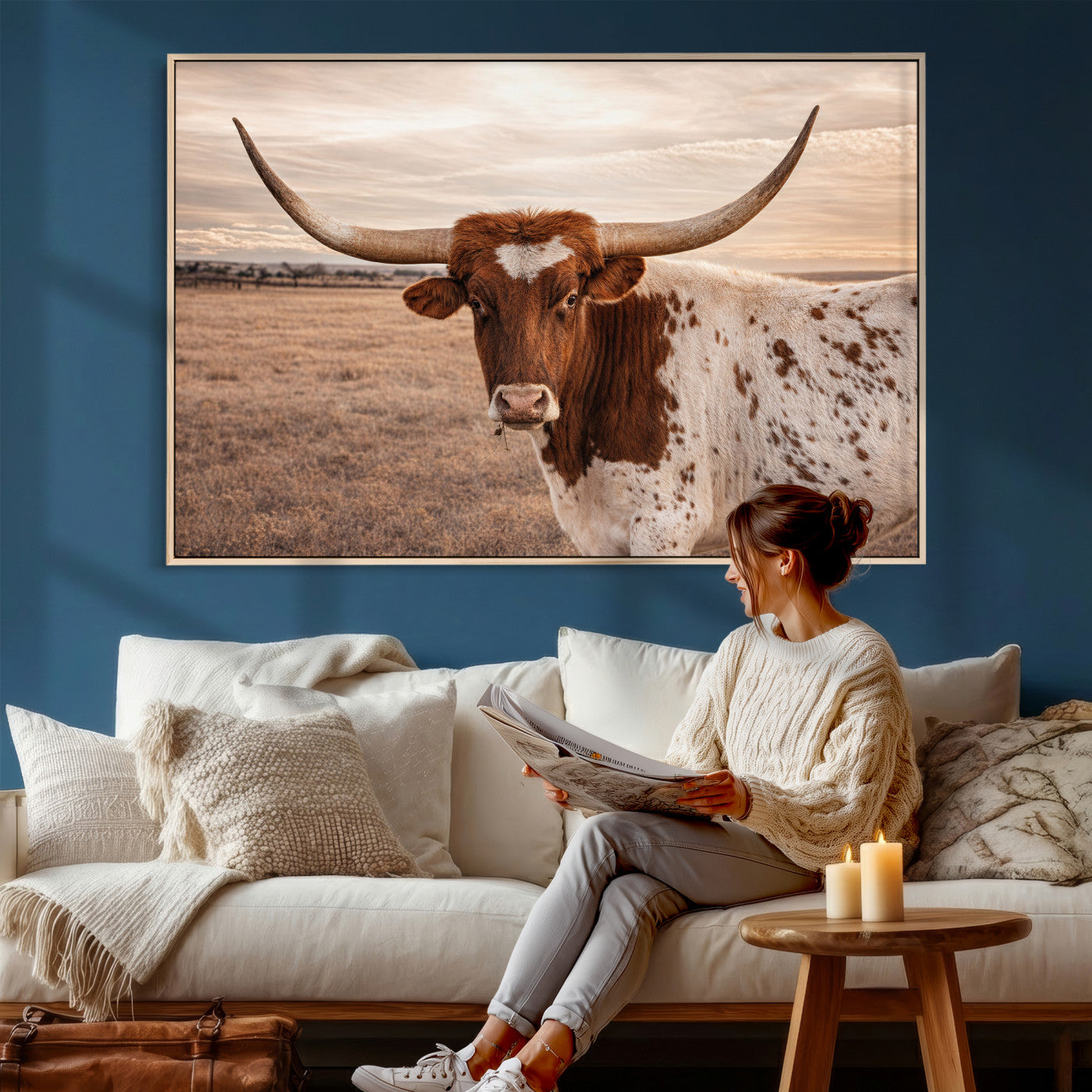 95745718-MGV-CV-36X24 - Longhorn Cow Wall Art – Texas Bull Canvas Print, Rustic Farm Cattle Photography, Western Animal Decor for Country Home, Living Room or Game Room