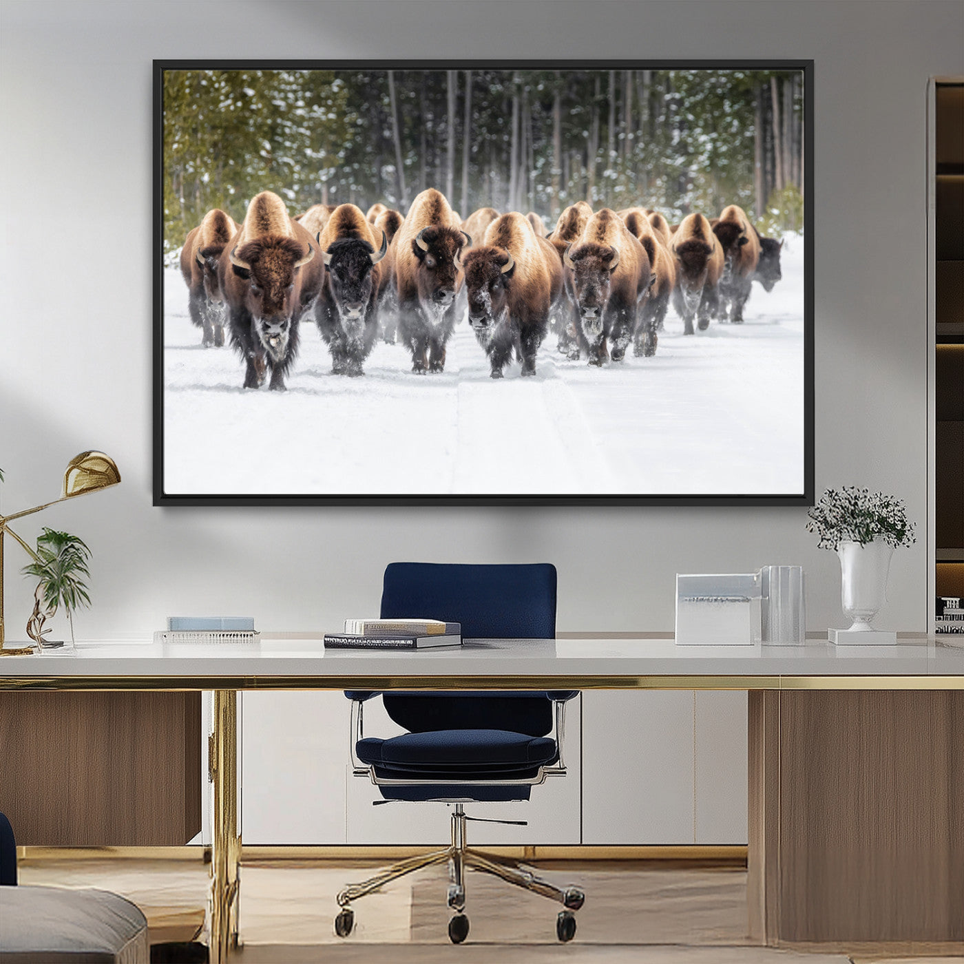 MGV-FC-36X24 - American Bison Herd in Snow Wall Art Canvas Print – Powerful Winter Wildlife Scene with Buffalo in