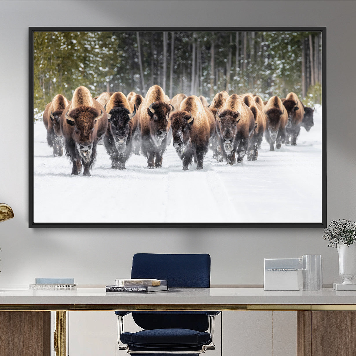 96906195-MGV-FC-36X24 - American Bison Herd Snow Canvas Wall Art – Powerful Winter Wildlife Print of Buffalo Motion, Rustic Lodge or Western Cabin Decor for Living Room, Office