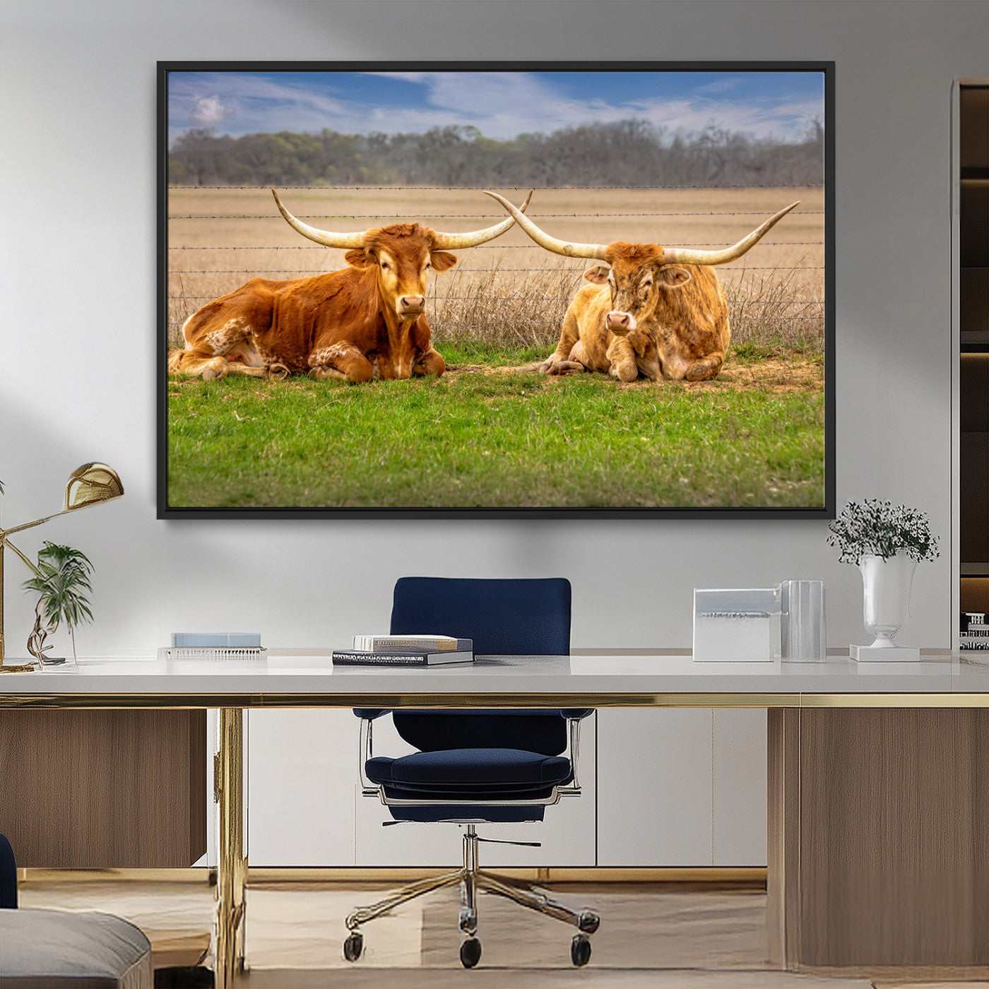 MGV-FC-36X24 - Texas Longhorn Pair Wall Art Canvas Print – Peaceful Rustic Ranch Scene with Two Cattle in Field,