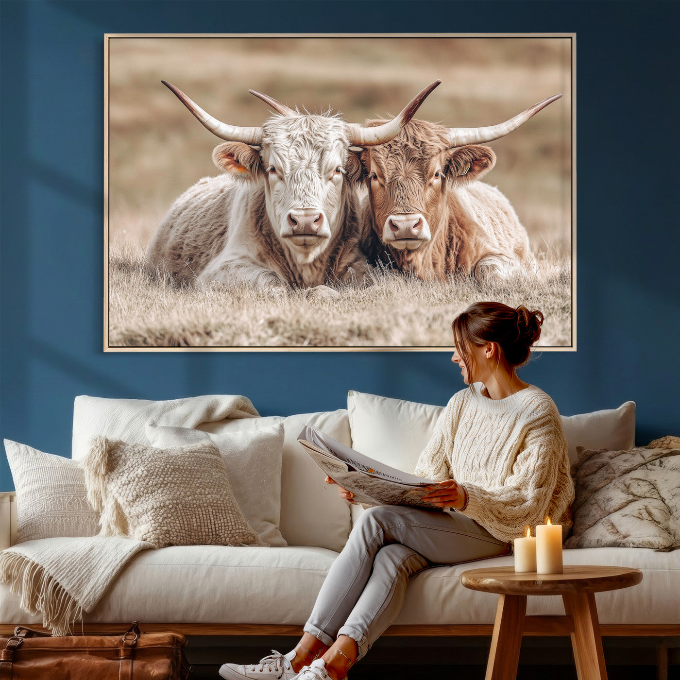 38651722-MGV-CV-36X24 - Highland Cows Meadow Canvas Wall Art – Peaceful Cow Photography Print, Rustic Farmhouse Animal Decor for Country Home, Living Room, Office