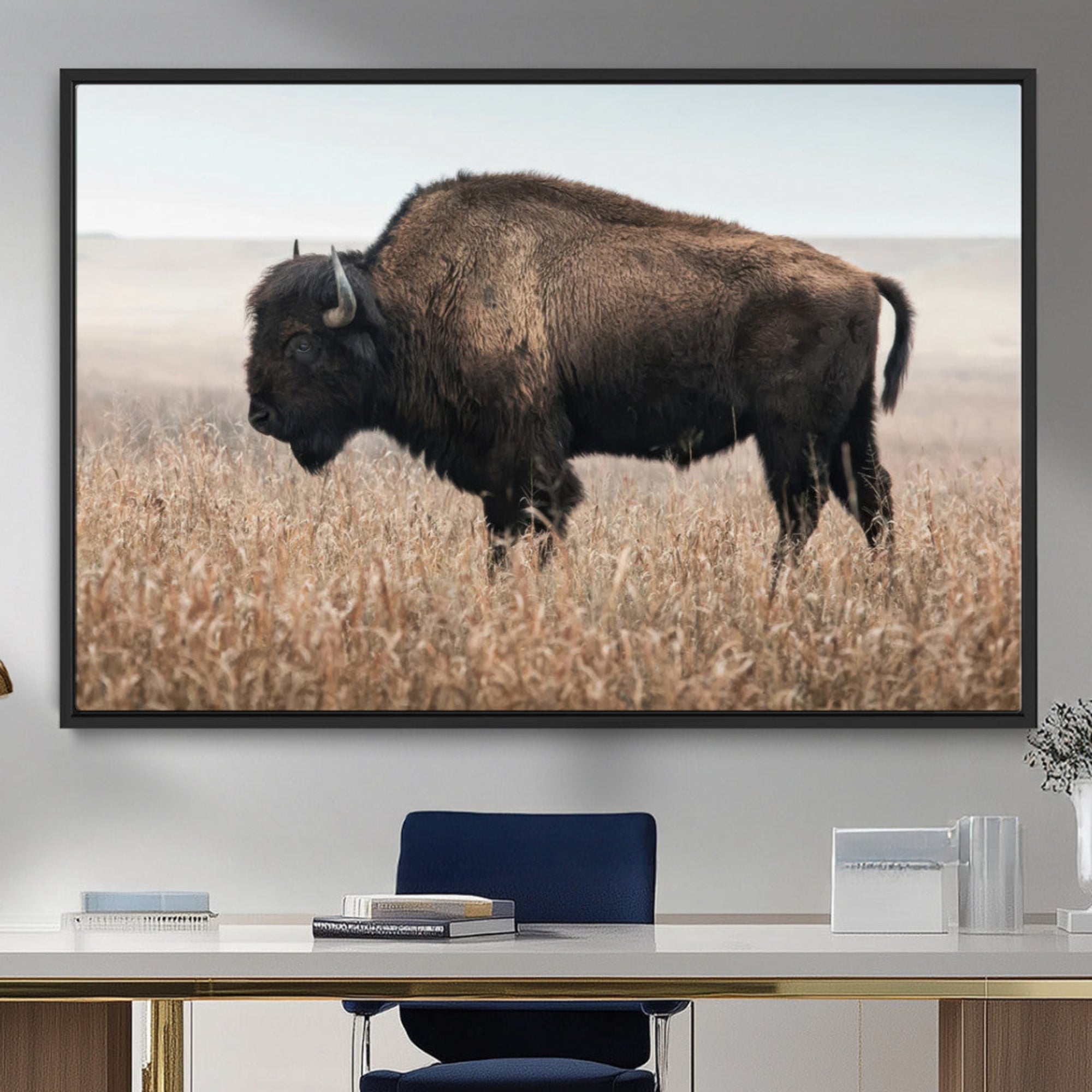 69909079-MGV-FC-36X24_Black-American Bison Field Wall Art Canvas Print – Majestic Buffalo Grazing Wide Open Plains Wildlife Artwork for Home, Office