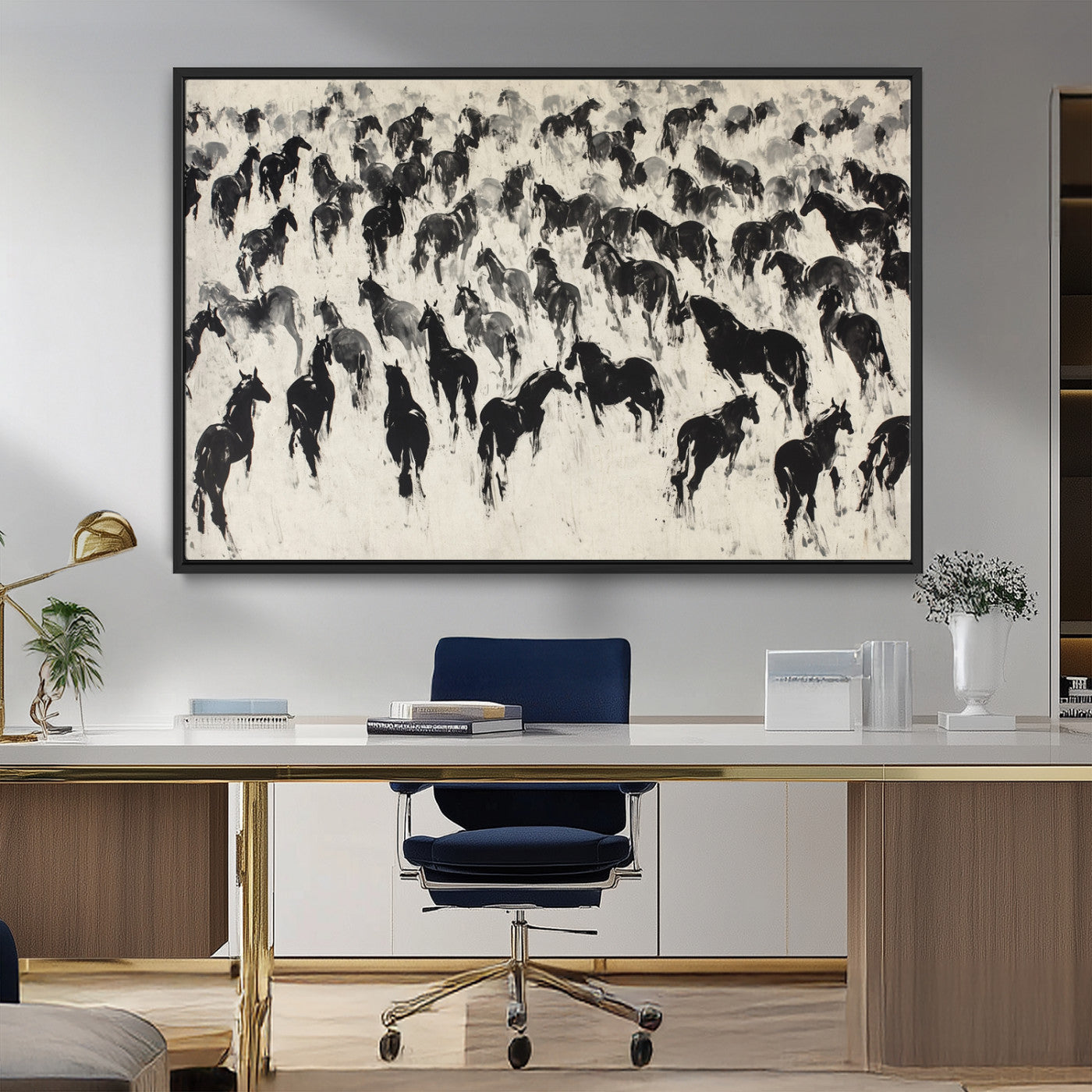 MGV-FC-36X24 - Wild Horse Stampede Wall Art Canvas Print – Monochrome Ink Brush Painting of Running Horses, Perfect
