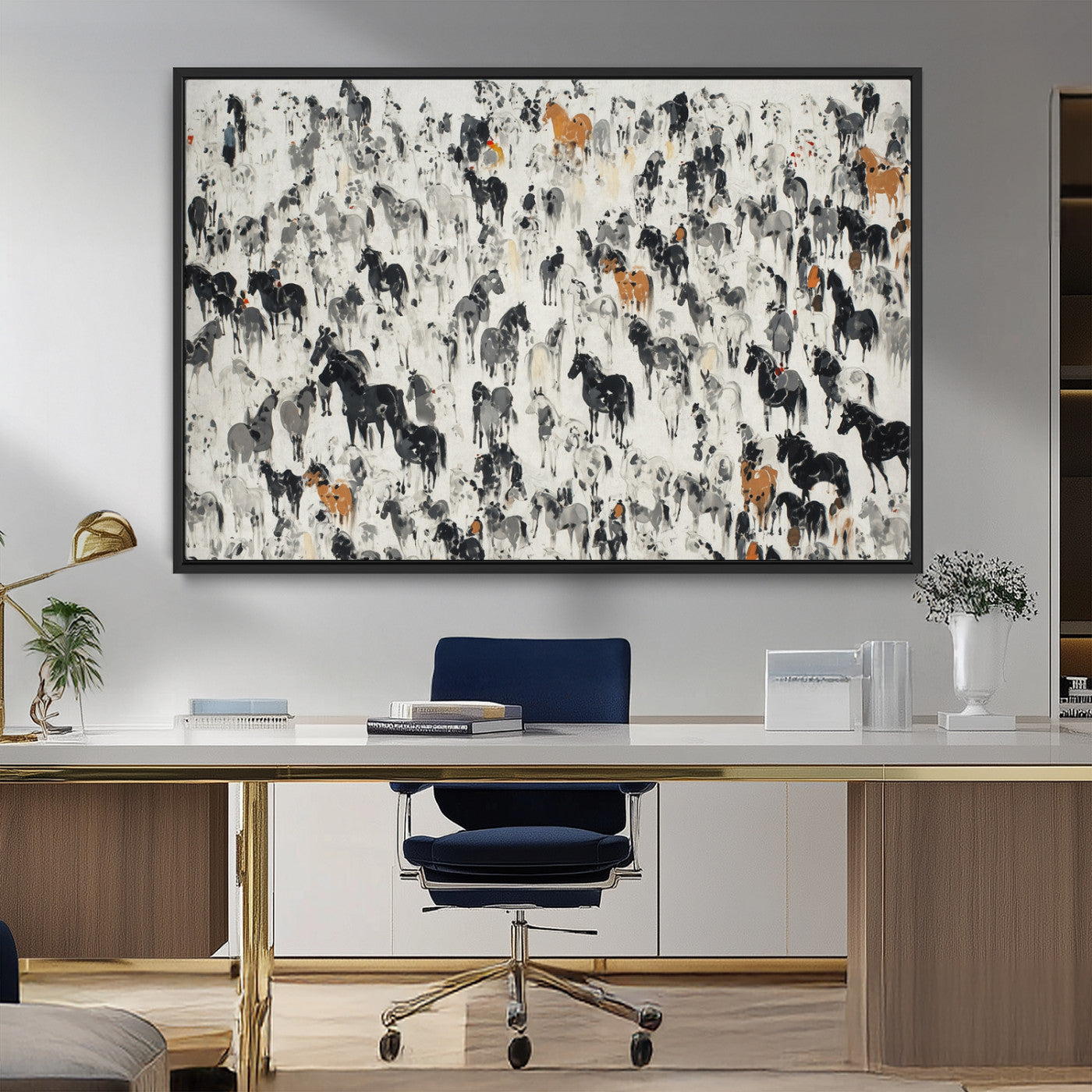 MGV-FC-36X24 - Wild Horse Stampede Wall Art Canvas Print – Monochrome Ink Brush Painting of Running Horses, Perfect